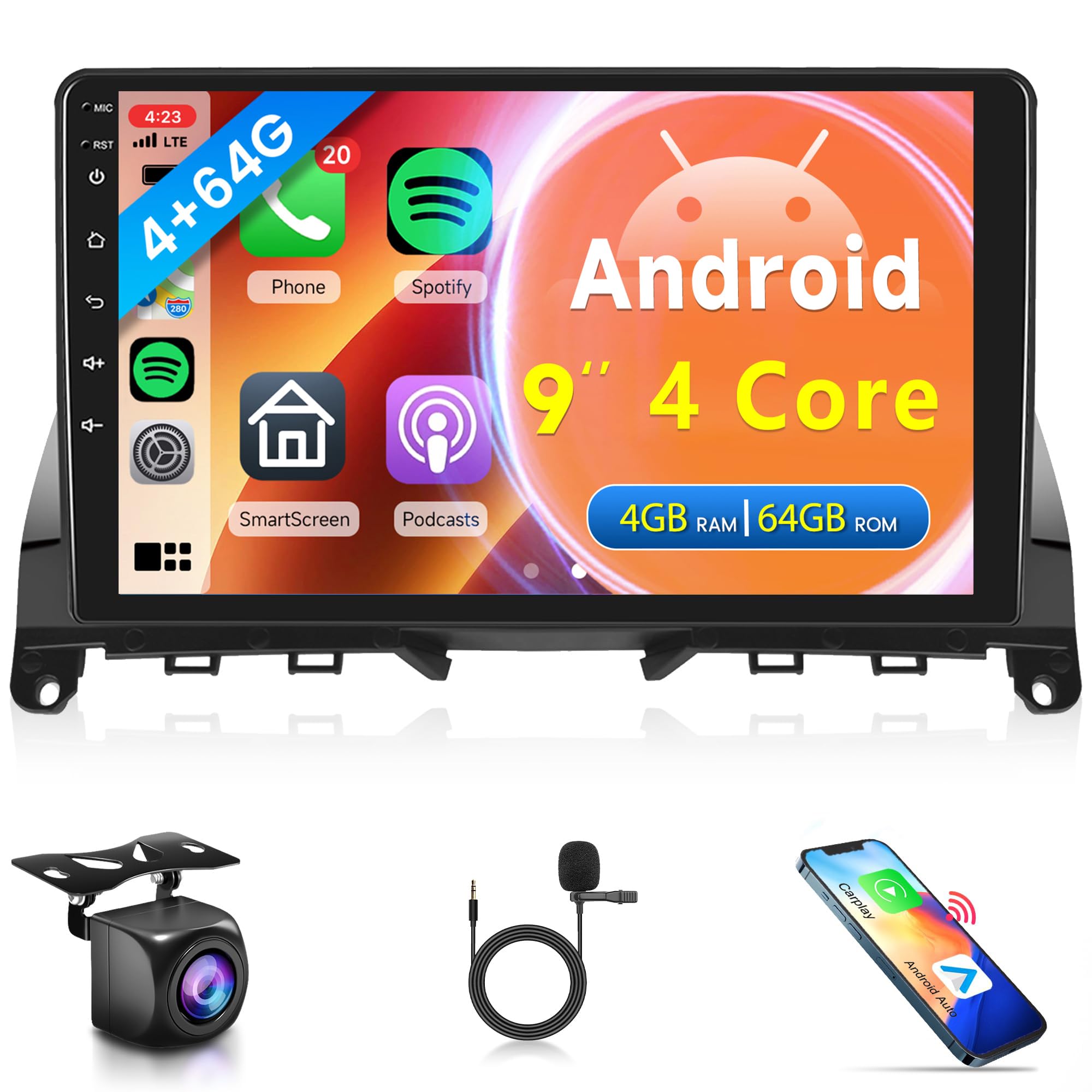 4G+64G Android Car Radio Stereo Wireless Carplay Android auto for Mercedes Benz C-Class C180 C200 C230 C250 C300 C350 W204 S204 2006-2011, Rimoody 9 inch Touchscreen GPS WiFi BT FM Backup Camera