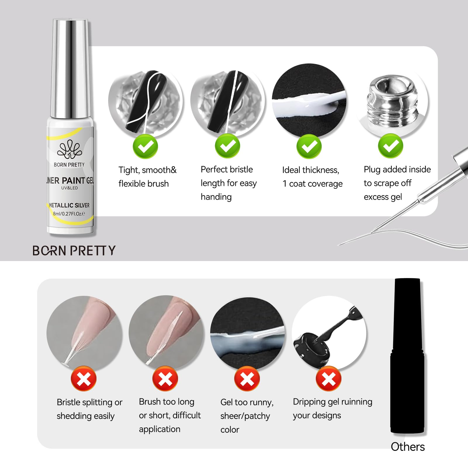 Born Pretty Zestaw żelowych lakierów do paznokci - Mirror Chrome Silver Gold Gel Liner Nail Art Metaliczny efekt lustrzany Swirl Nail Art Gel Polish zestaw do manicure do salonu DIY