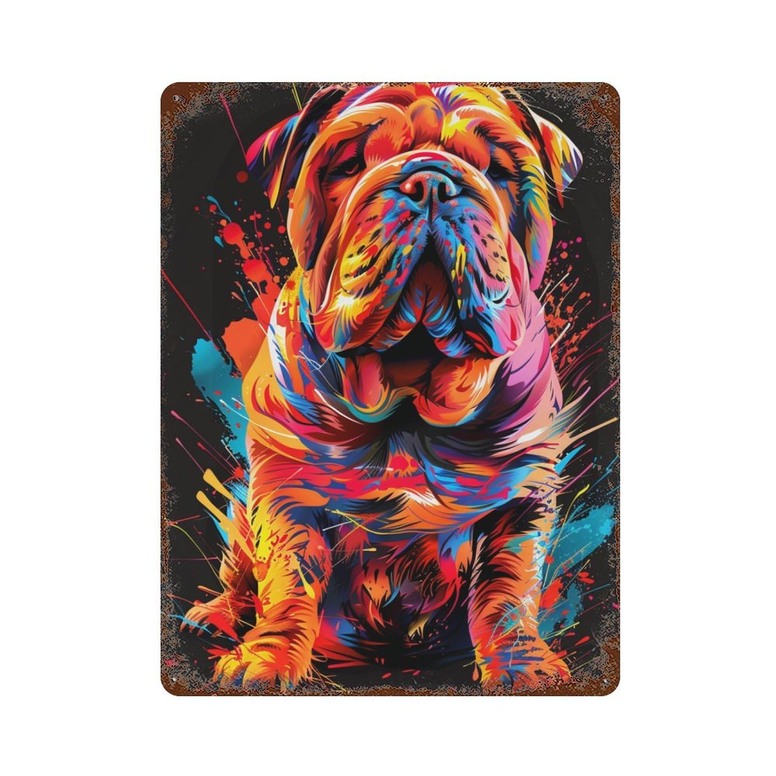 Rust Effect Colorful Bulldog Art Print-1 Rustic Tin Plaque 15.7"x11.8", Classic Wall Plaque for Shed, Workshop And Garage Wall Decor