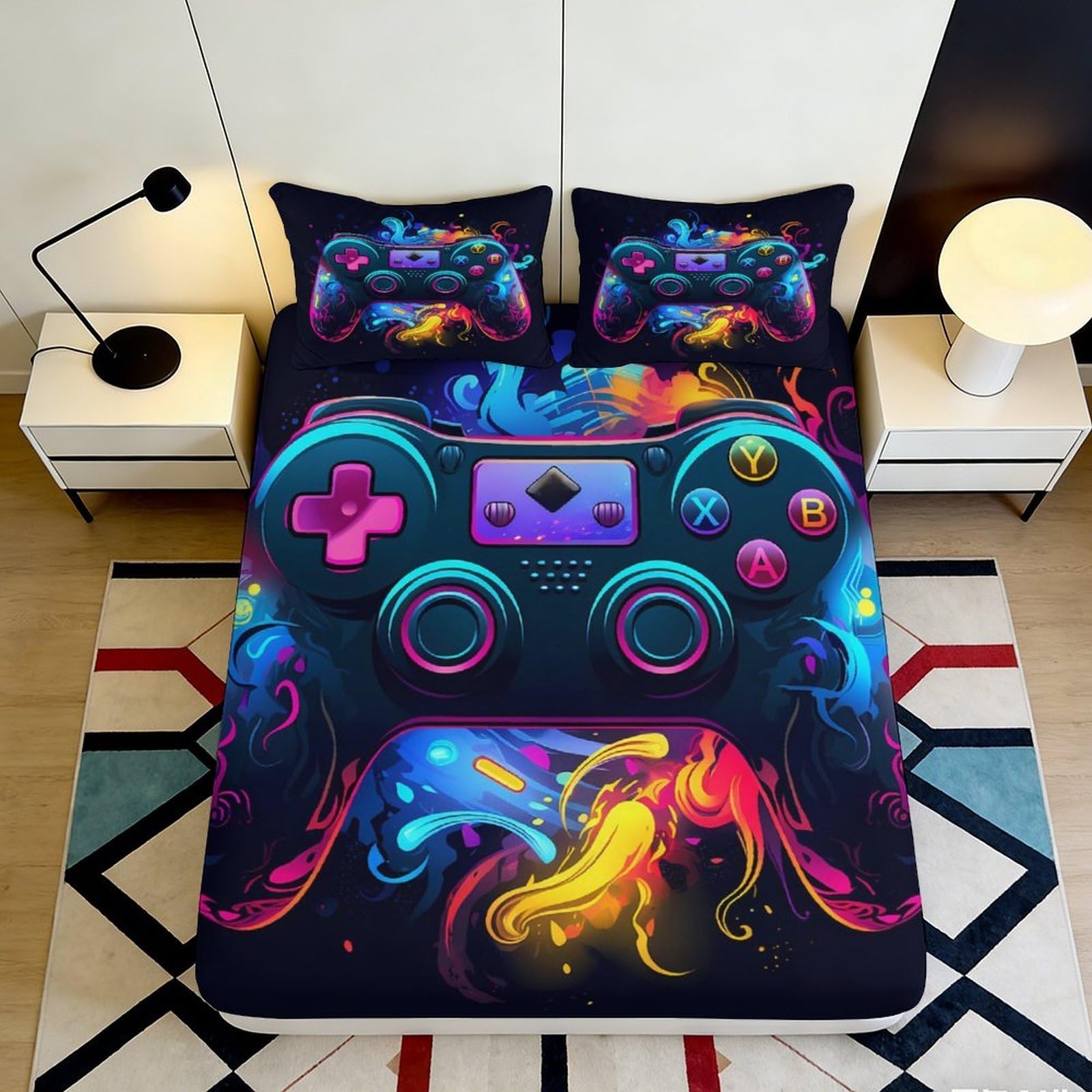 3D Printed Gaming Controller Fitted Sheet Microfiber Vibrant Neon Splash Mattress Cover for Bedroom Dorm Decor 90x200x25cm