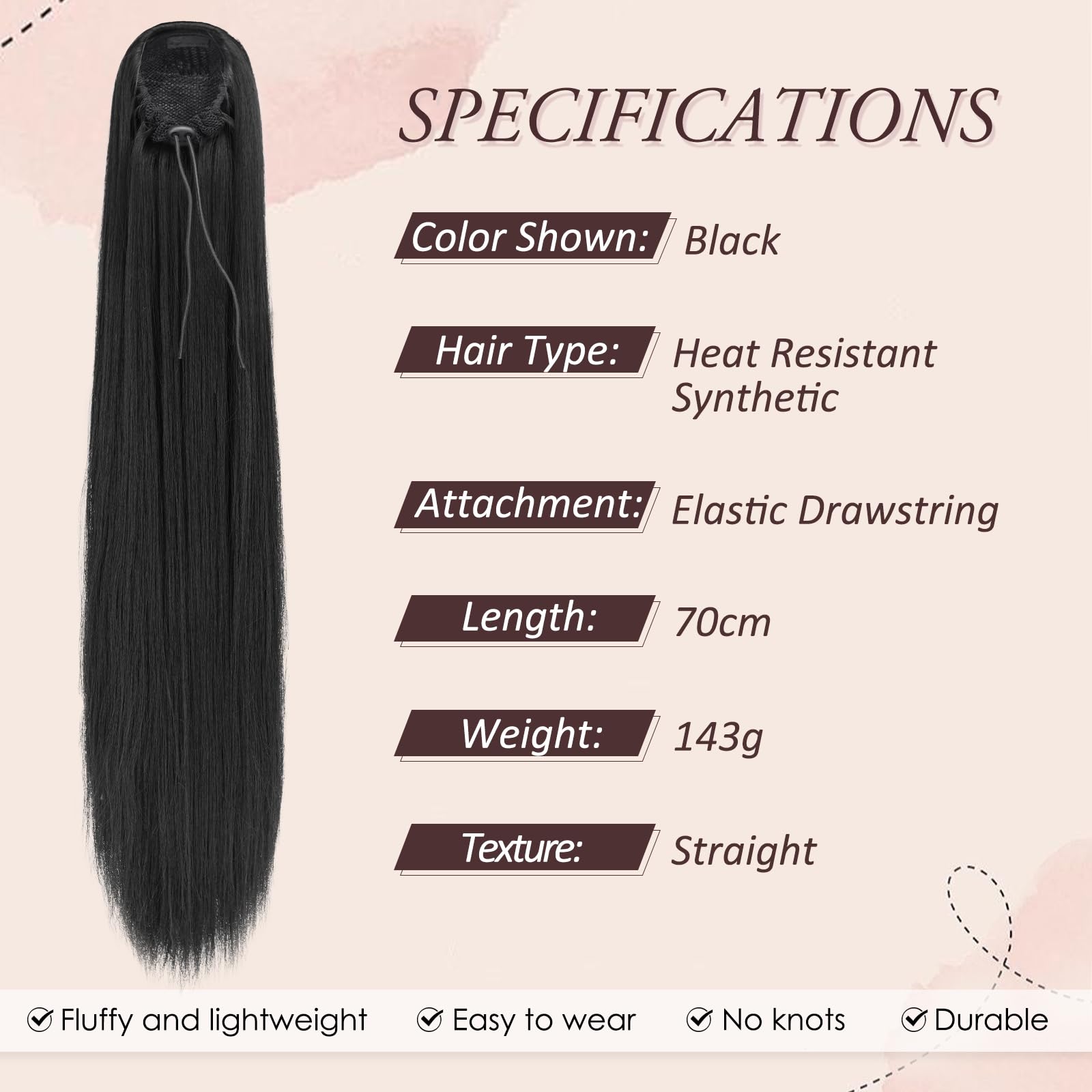 RUWISS 28 Inch Long Drawstring Straight Ponytail Hair Extension, Synthetic Clip in Ponytail - Image 2