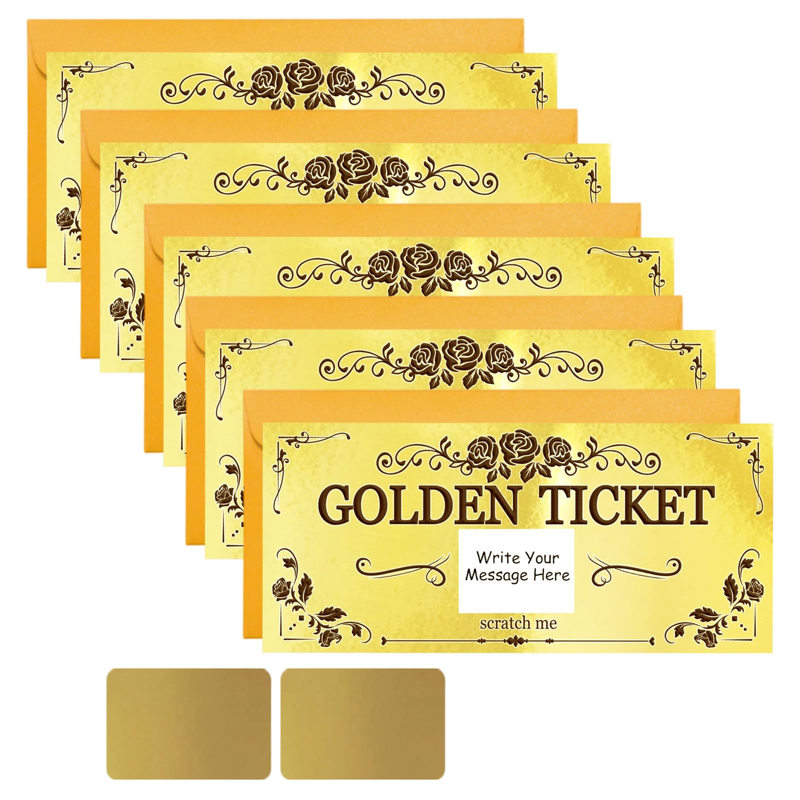 PLIGREAT 5 Pack Rose Golden Ticket, Scratch Off Cards with Envelopes Double Print Surprise Reveal Card DIY Coupon Cards for Birthday, Holiday, Voucher Raffle Gift, Party Supplies