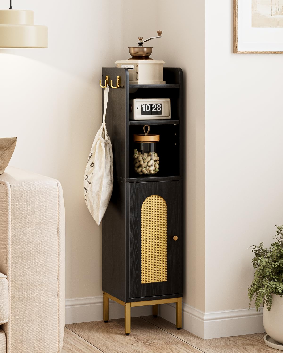 HEYZOEY Armoire de salle de bain - Meuble de rangement haut avec porte - Rangement fin pour salle de bain, cuisine, salon, chambre à coucher, bureau - Rotin noir