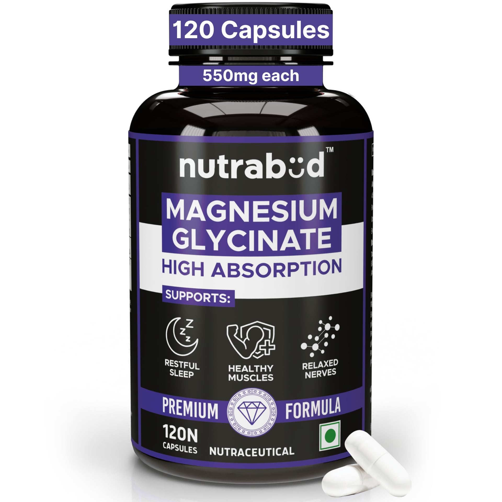 Nutrabud Magnesium Glycinate Supplement - 120 Vegetable Capsules - 550mg for Men, Women | High Absorption Chelated Form for Healthy Muscles, Nerves & Better Sleep (120 Count (Pack of 1))