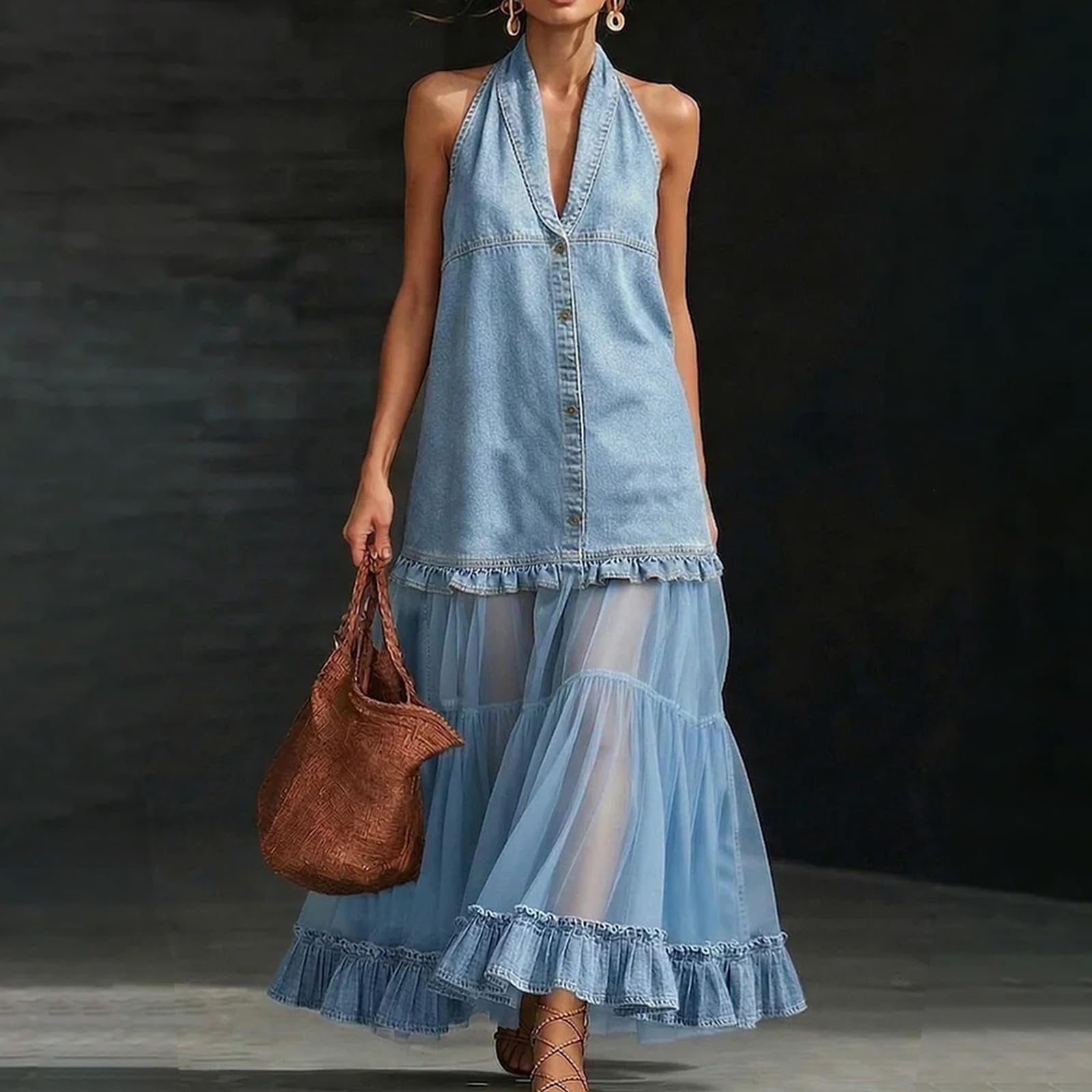 Vestido para Mujer Mangas con Panel De Encaje Volante Dobladillo En Vintage