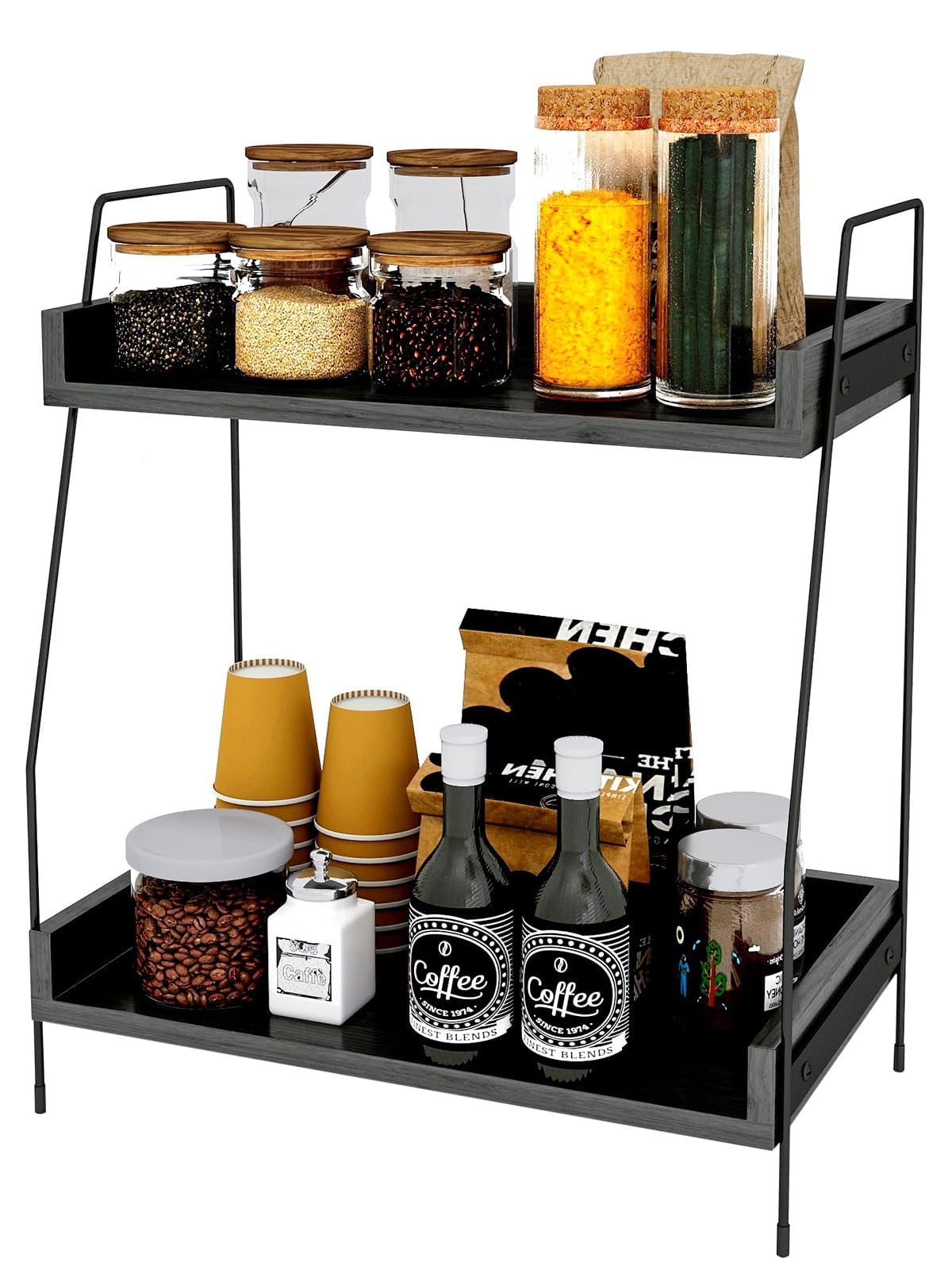 Coffee Station Organizer 2 Tier Coffee Bar Accessories Organiser Wooden Kitchen Counter Shelf Coffee and Tea Station Organizer Standing Coffee Station for Kitchen Home Office (Black)