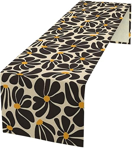 Miniatura 1 de Camino de mesa floral hippie de los años 70, diseño retro abstracto de margaritas negras, camino de mesa rústico para cocina, mesa de comedor,