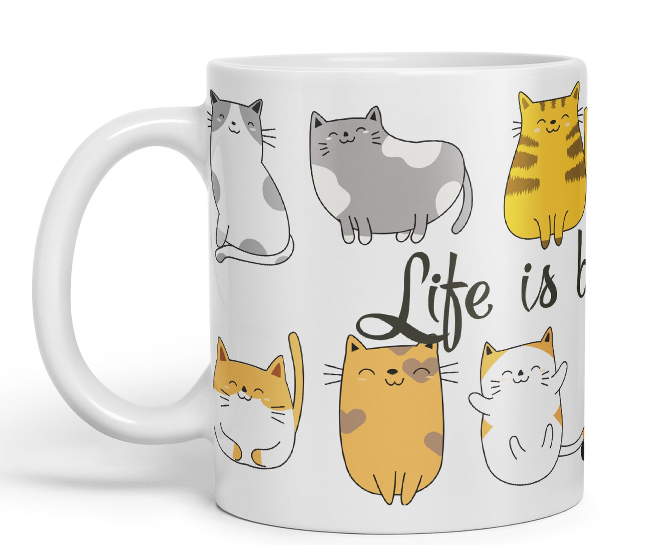 Vixar Life is Better with a cat Ceramic Coloured Mug Cup Gift Tea Coffee Christmas Office Home Cat Lovers (White)