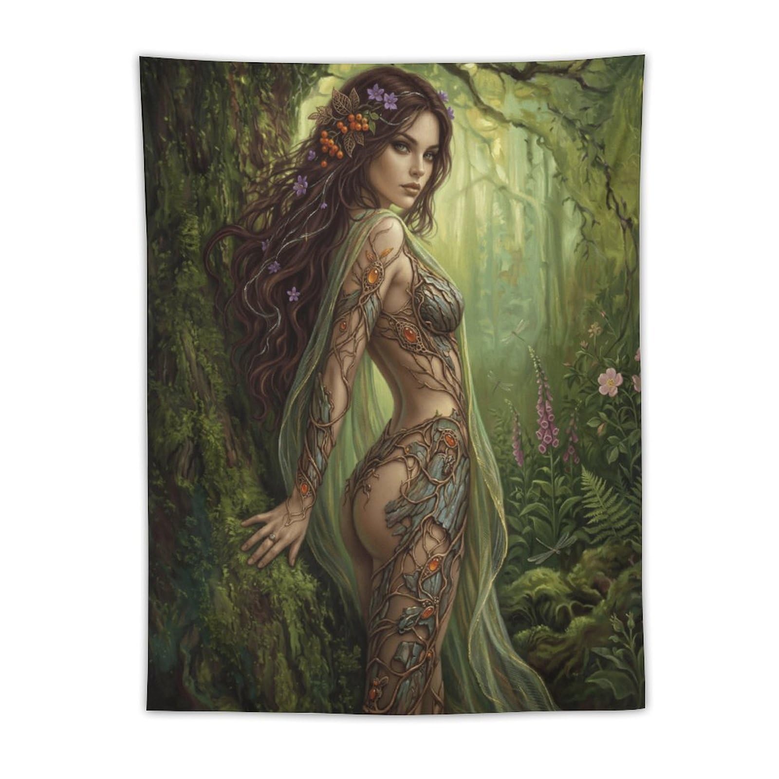 W7C8U2X3 Botanical Forest Goddess Wall Tapestry, Enchanted Woodland
