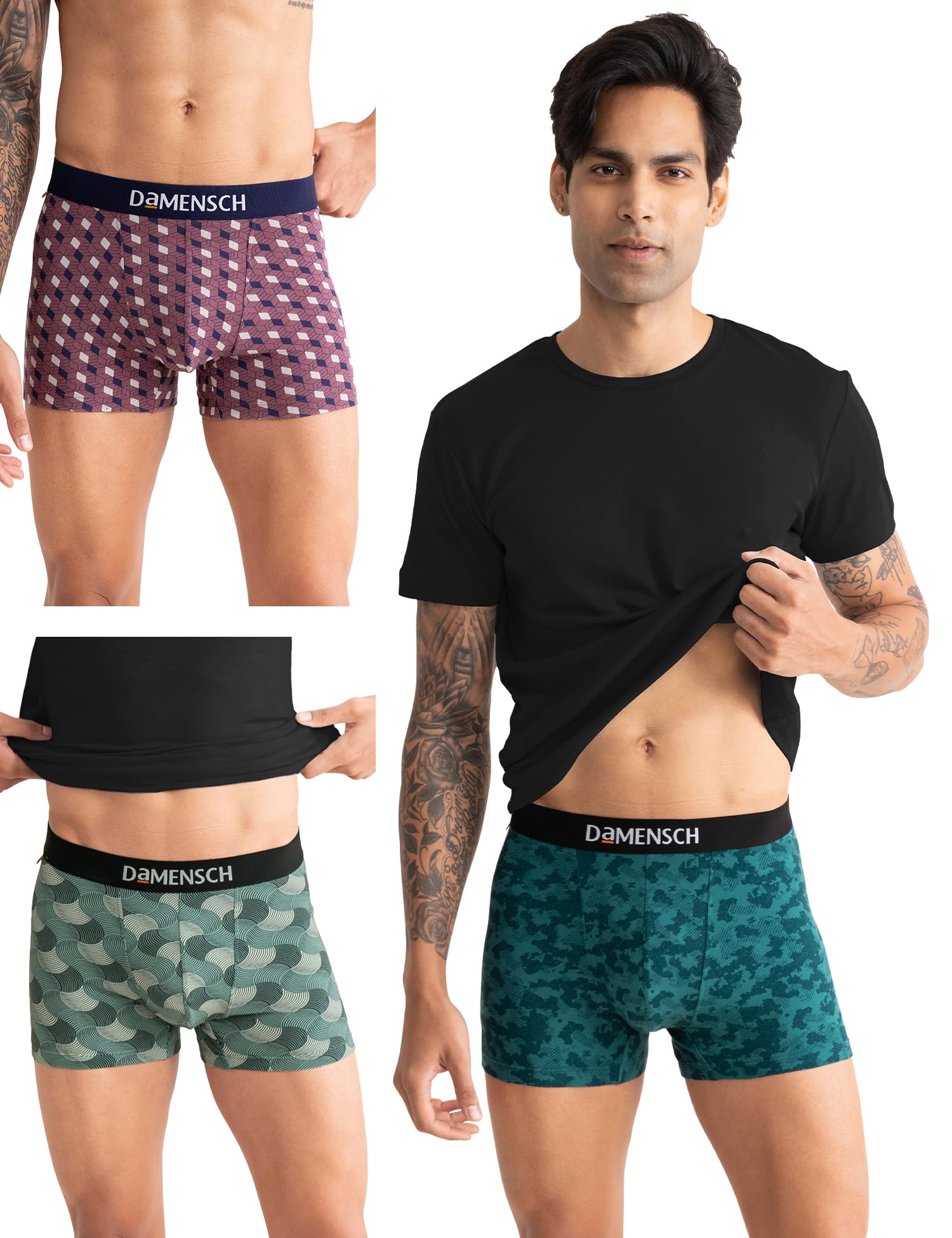 DAMENSCHMen's Regular Fit Printed Cotton Trousers 3 Pack Combed Cotton Stretchy Fabric Antibacterial and Microfiber Waistband