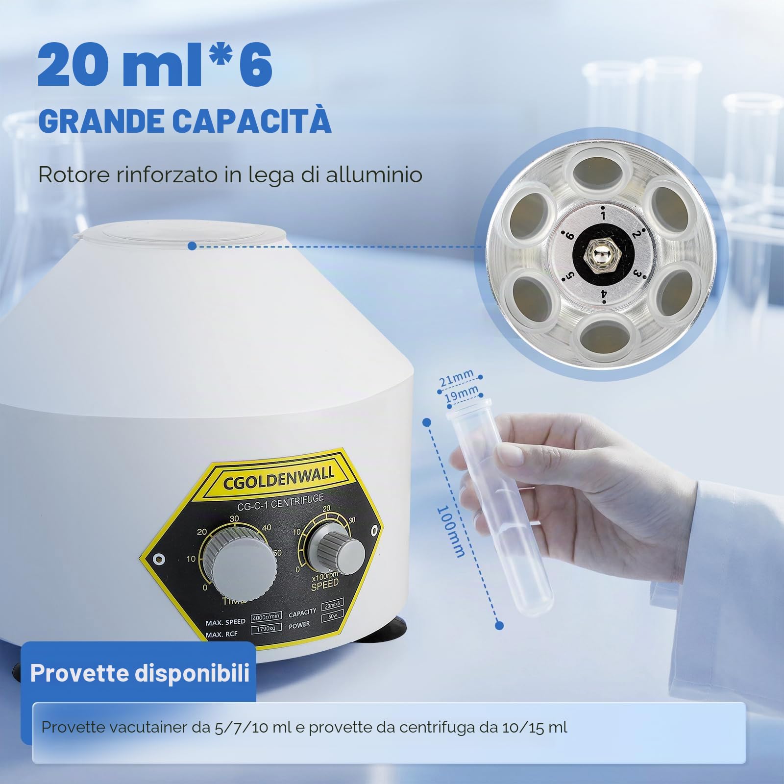 CGOLDENWALL Centrifuga da Laboratorio Elettrica al Plasma da 20ml*6 Capacità Provetta da Centrifuga Forza Centrifuga Relativa Massima 1790xg Velocità Massima 4000rpm Timer 0-60 Min