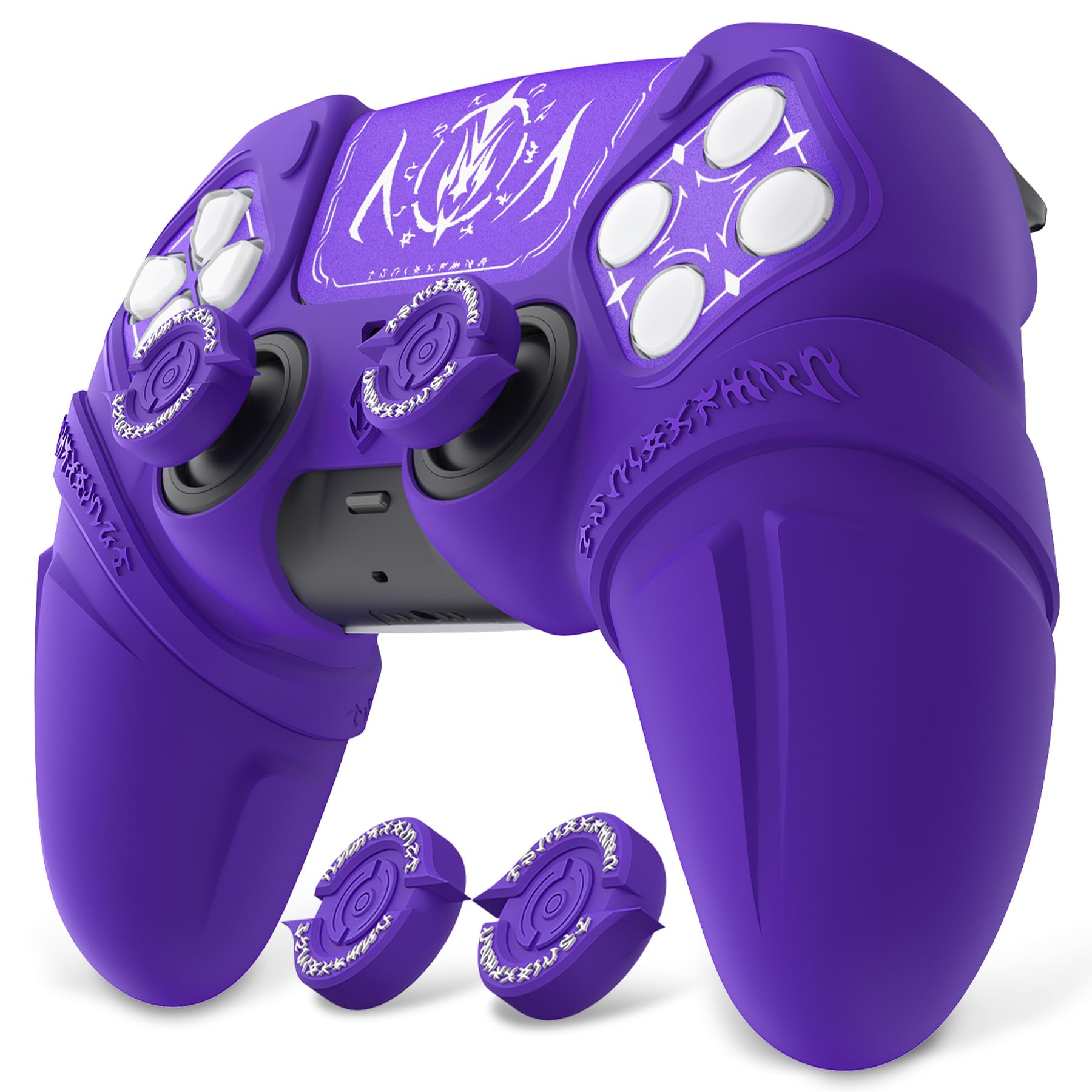 playvital Cover Skin per ps5 Controller,Custodia Protettiva Silicone Antiscivolo per ps5 Joystick&Copri Levette Analogiche&Adesivo Touchpad(Runes)-Compatibile con Base di Ricarica-Viola