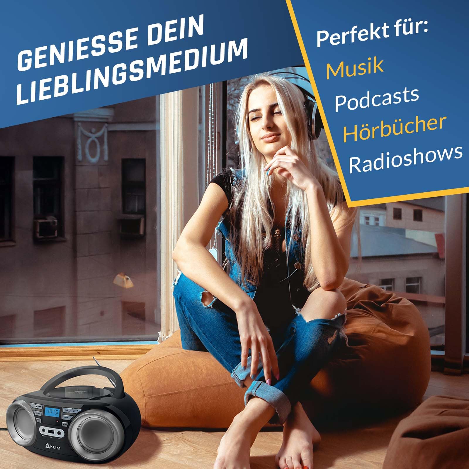KLIM B3 Tragbarer CD Player Bluetooth Boombox mit FM-Radio, Bluetooth, USB und AUX - Hochwertige Dual-Lautsprecher, EQ-Soundeffekte, 20 Voreingestellte Sender, Kompakt und Leicht | CD Player Tragbar