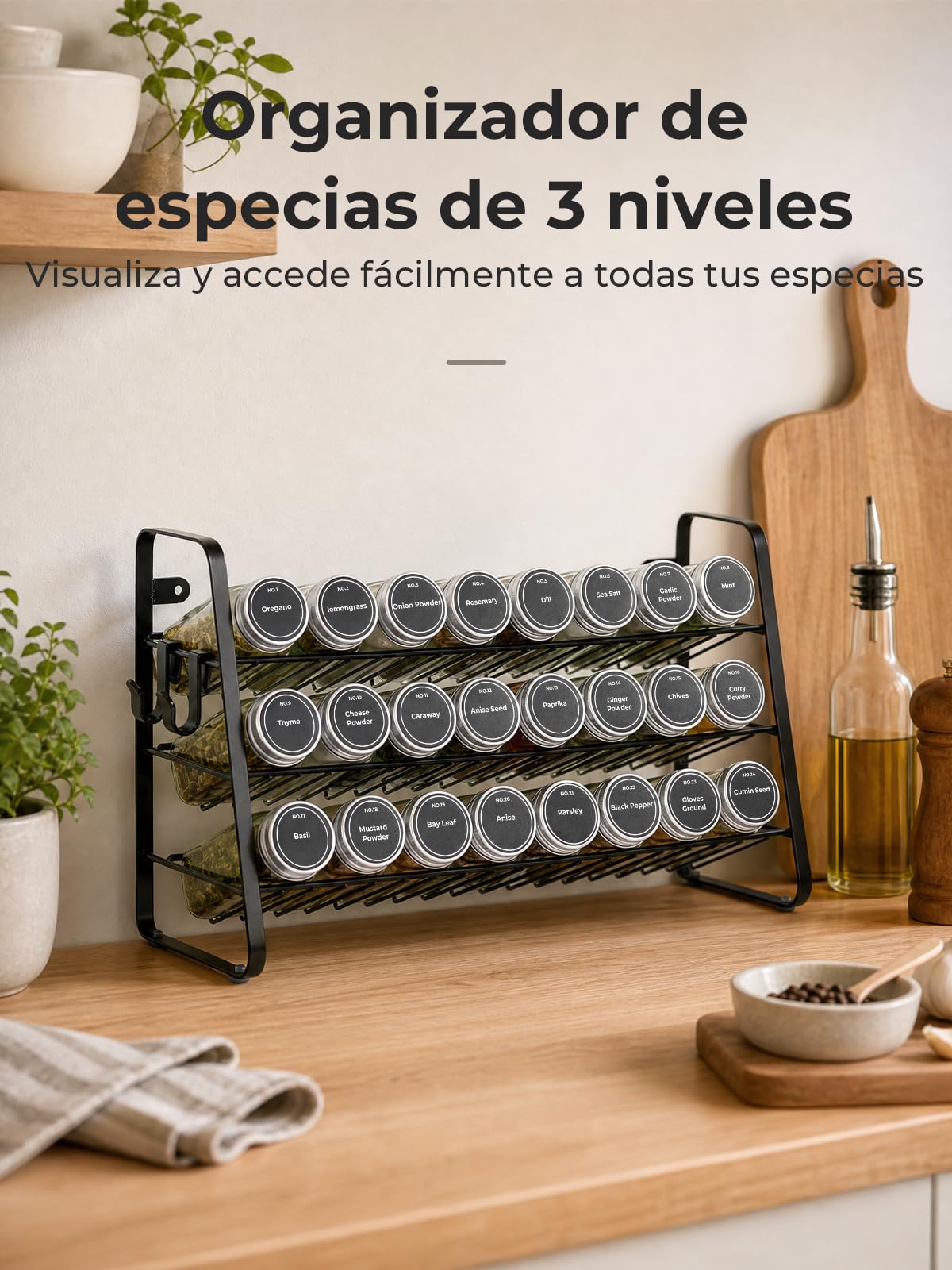 FOHERE 3 Niveles Especieros para Cocina con 24 Vaso Botes para Especias