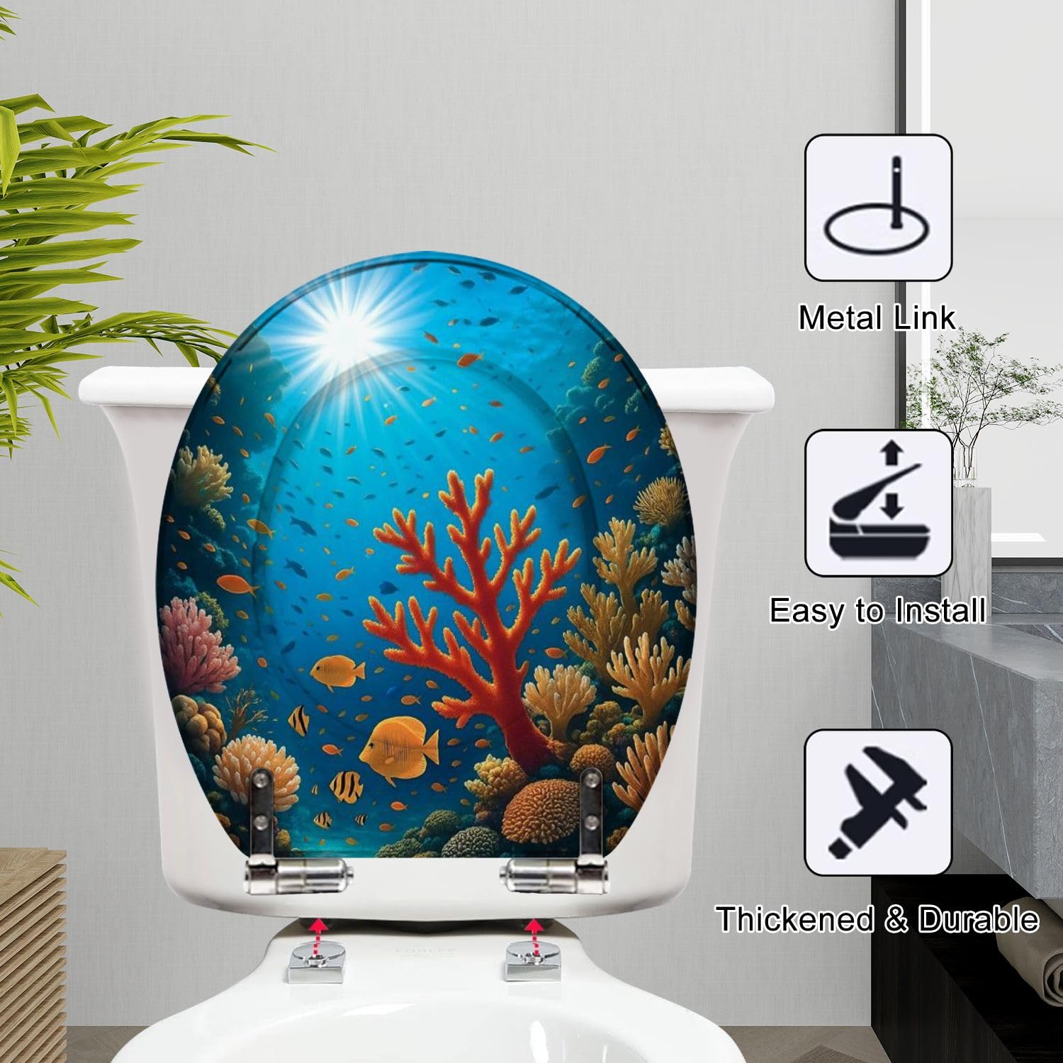 Langer Toilettensitz, Meeresschildkröte und Korallenfisch-Design, Harz-Konstruktion, langsam schließender Deckel, Schnellverschluss-Scharniere, leicht zu reinigen