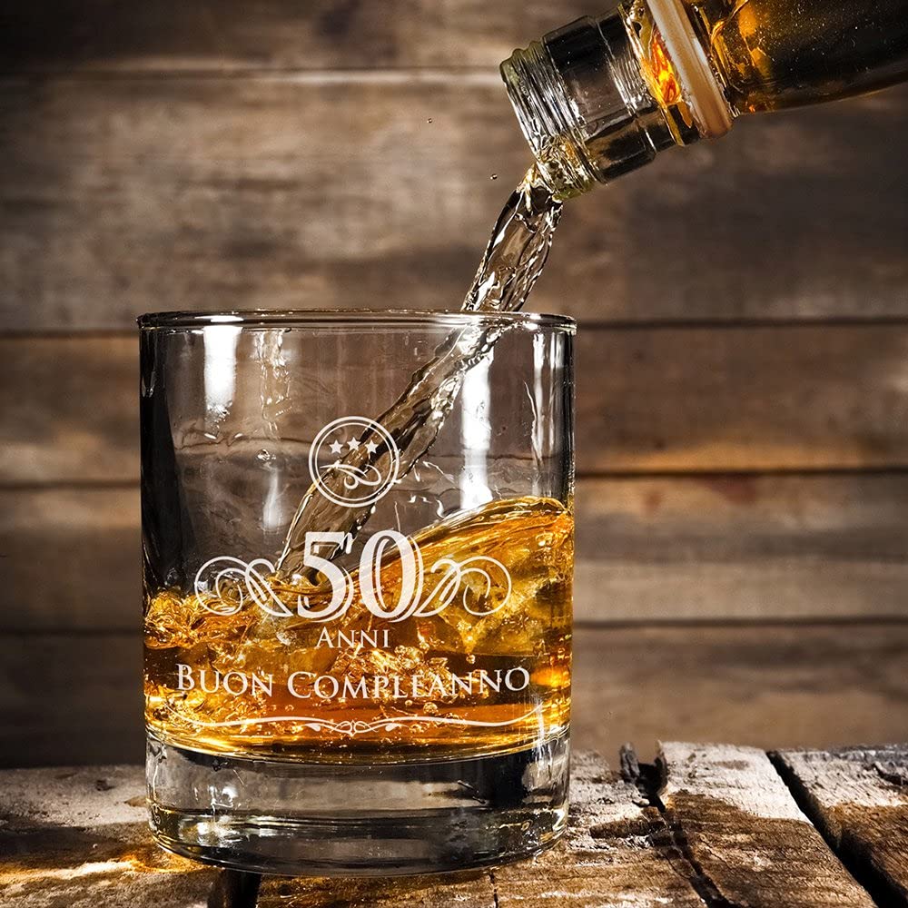 AMAVEL Tumbler Whisky Personalizzato 50 Anni - Bicchiere In Vetro Con Incisione '50 ANNI - BUON COMPLEANNO', 320 Ml, Idea Regalo Compleanno