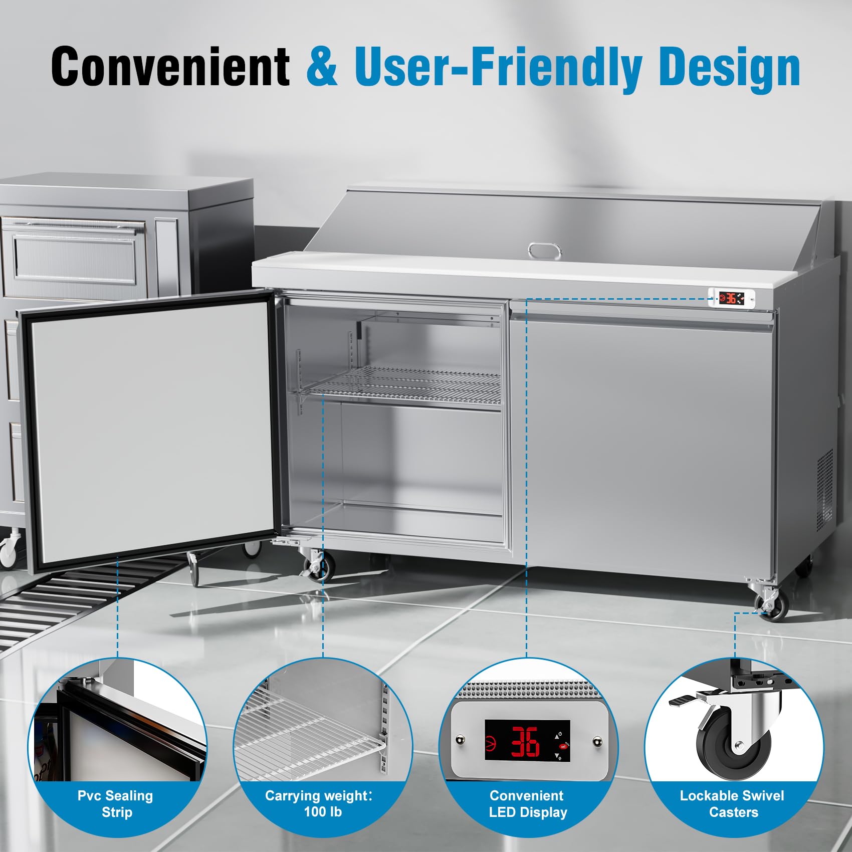 60" W Sandwich Salad Prep Table Refrigerator Commercial Refrigerator with 16 Pans Stainless Steel Fan Cooling Kitchen Equipment