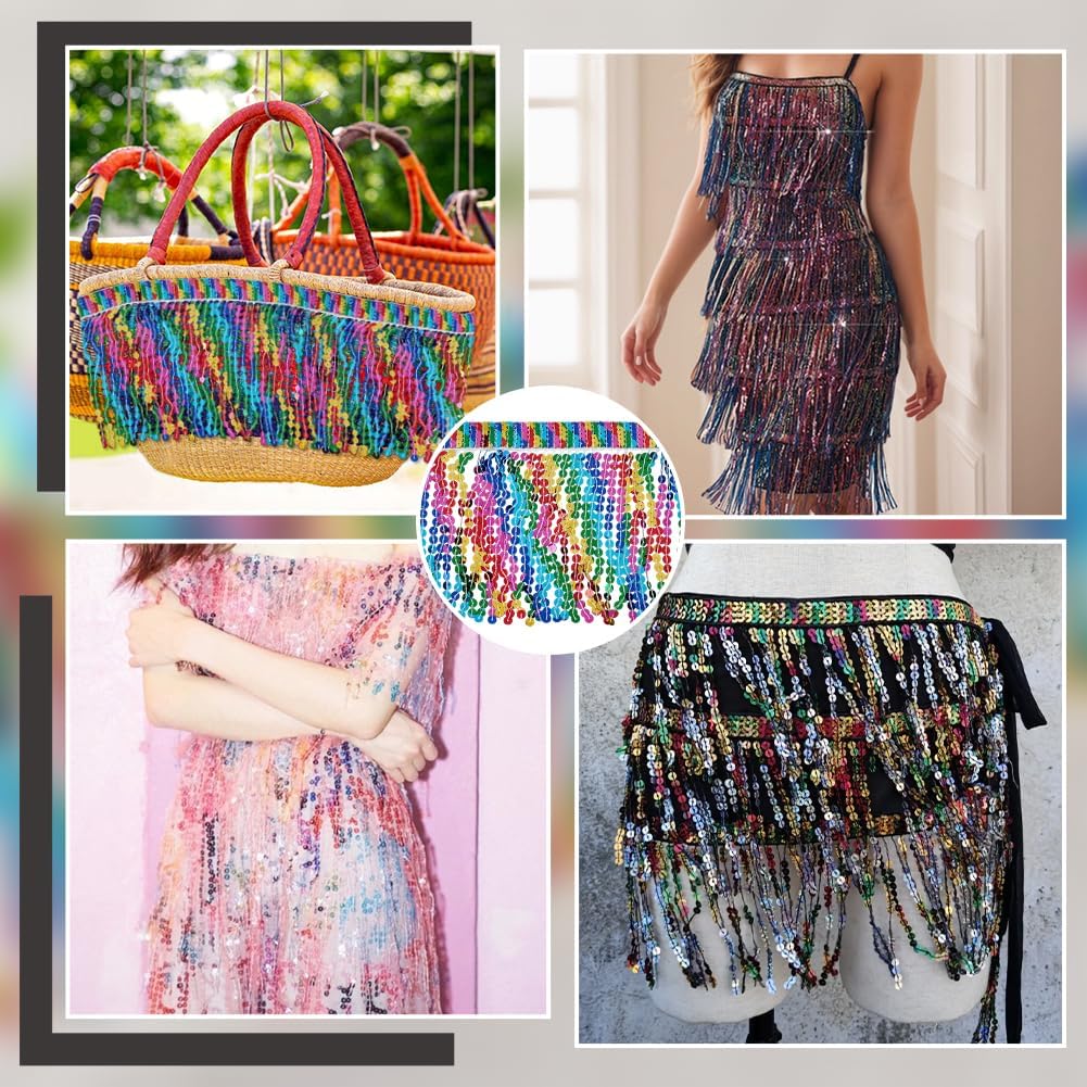 FINGERINSPIRE 10 Yards Sequins Fringe Trim 9.4inch Wide Sequin Tassel Fringe Trim Colorful Sequin Tassels Sewing Trim for DIY Craft Latin Dress Clothing Embellishment Costumes Garment Curtain Decor