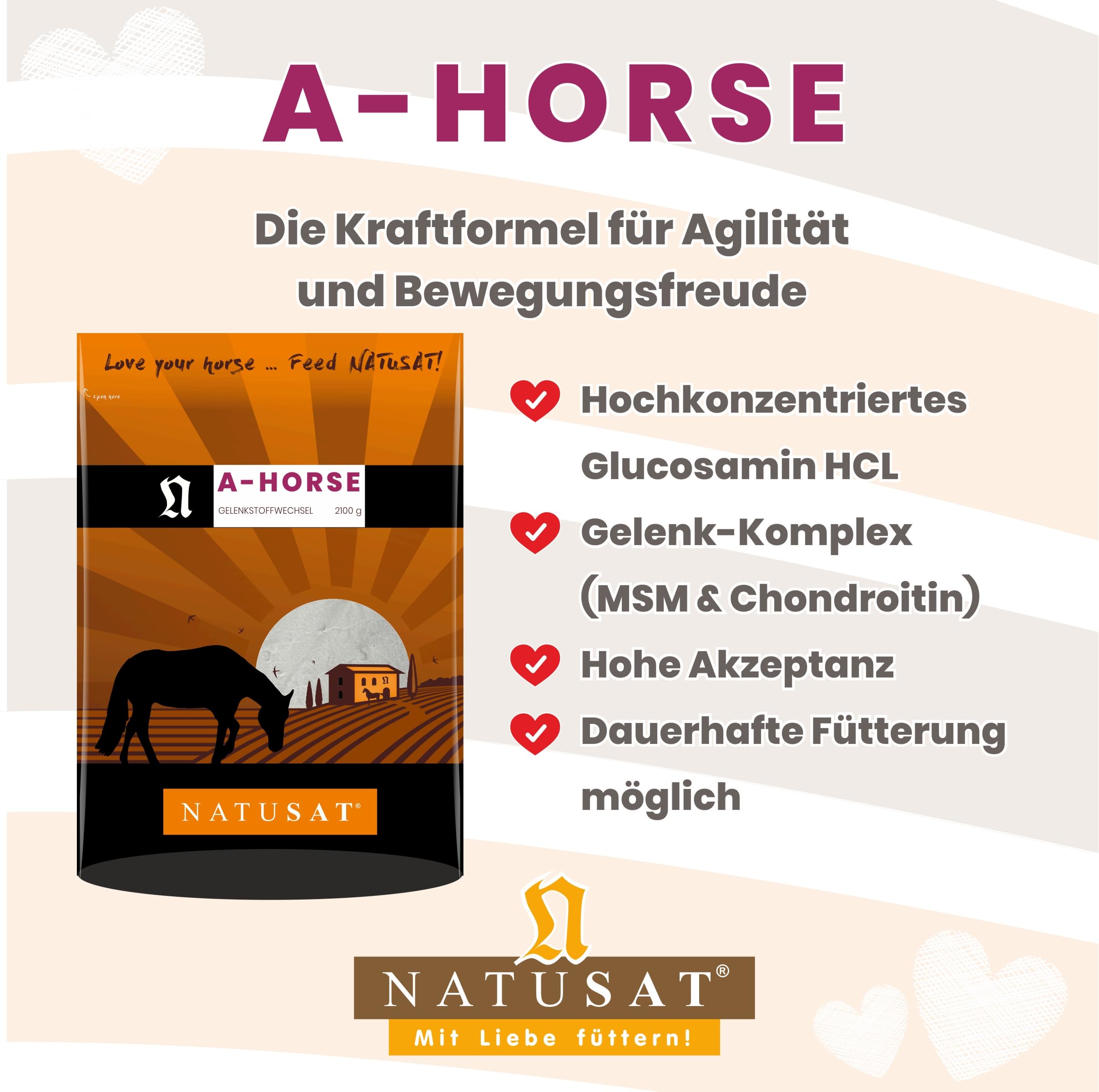 NATUSAT A-Horse - Ergänzungsfutter für Pferde mit Glucosamin, MSM, Chondroitin und L-Lysin. Die Kraftformel für Agilität & Bewegungsfreude (2100 g) (44,26€)