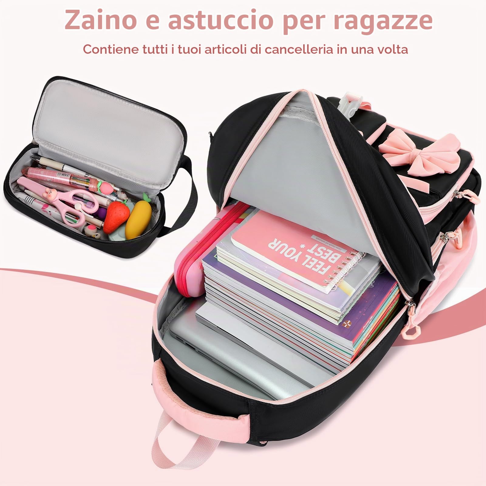 Zaino Scuola Elementare Bambina Leggero 2 Pezzi con Astuccio, NeroRosa