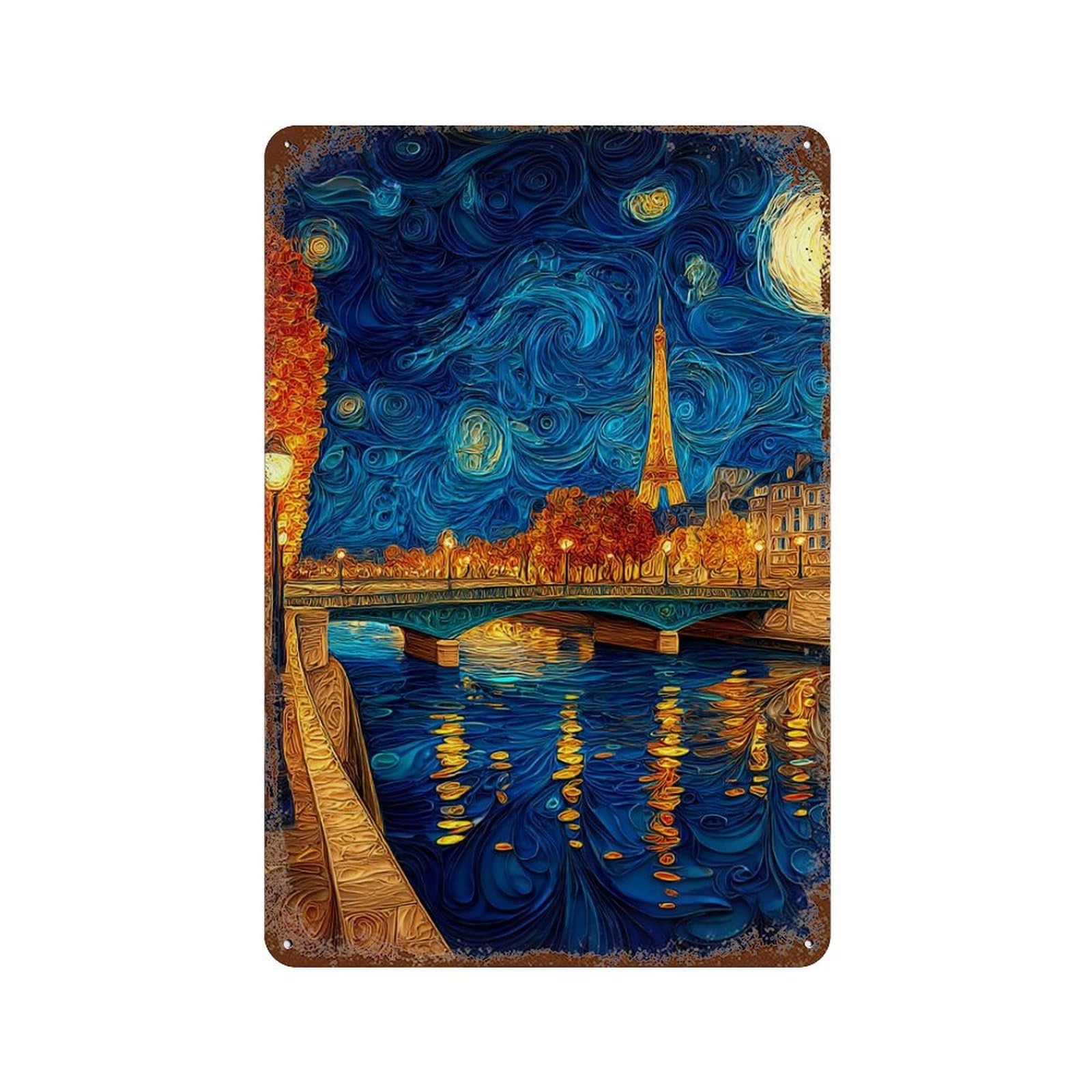 Decorative Tin Sign with Parisian Night Sky Art -1 Design 11.8"x7.9", for Basement, Hobby Room And Garage Decor, Farmhouse Wall Decor