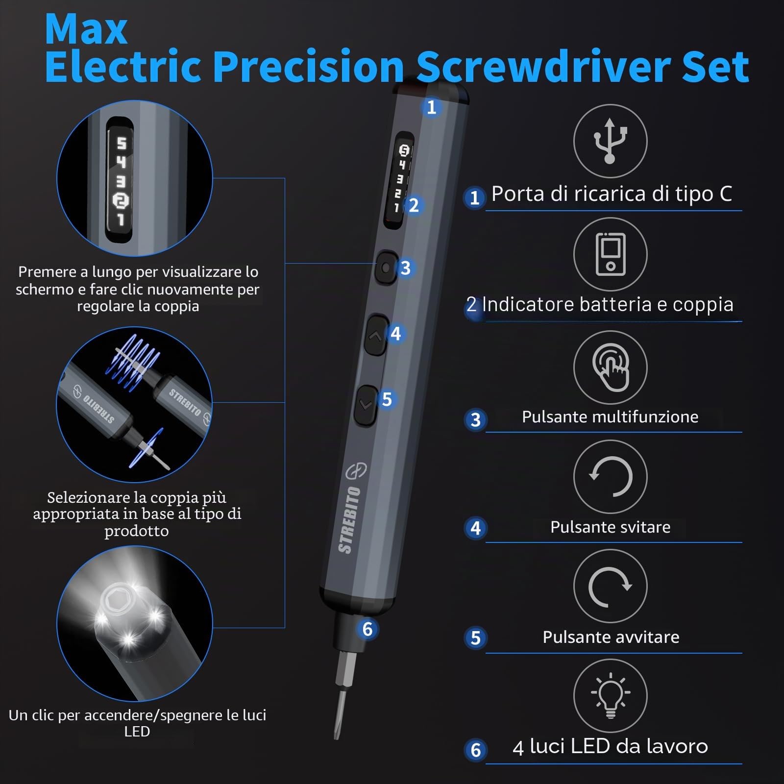 STREBITO Set di cacciaviti elettrico mini, 70 in 1 Piccolo cacciavite elettrico - 64 bit di precisione S2, 5 impostazioni di coppia, 4 luci LED, mini kit di strumenti di riparazione con cacciavite
