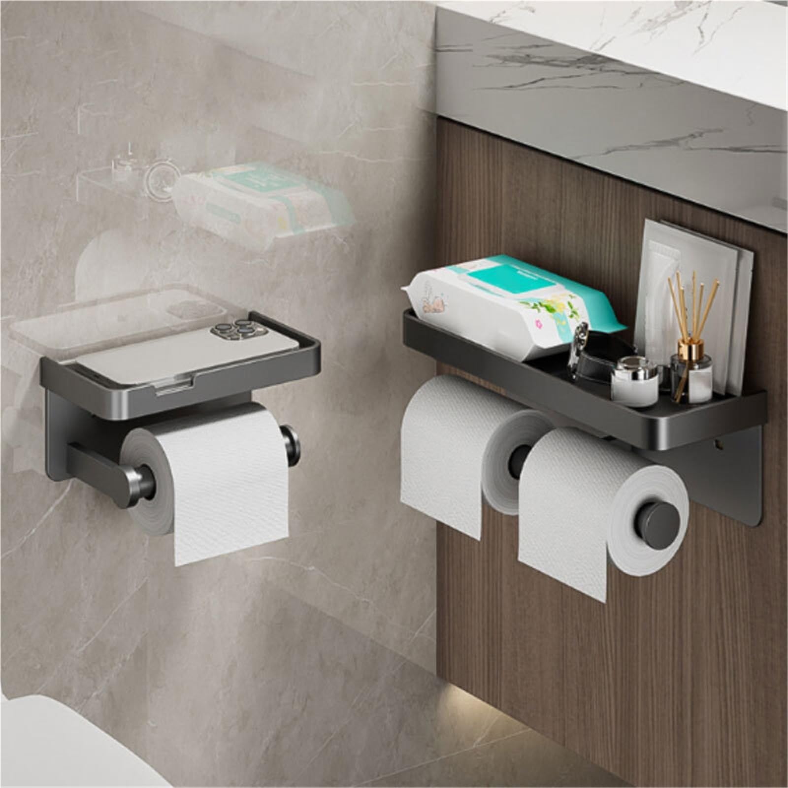 LYGSWDB Portarotolo Carta igienica a Parete Doppio Rotolo portarotolo Carta igienica con ripiano Montaggio a Parete Autoadesivo per Bagno Cucina (Bianco)