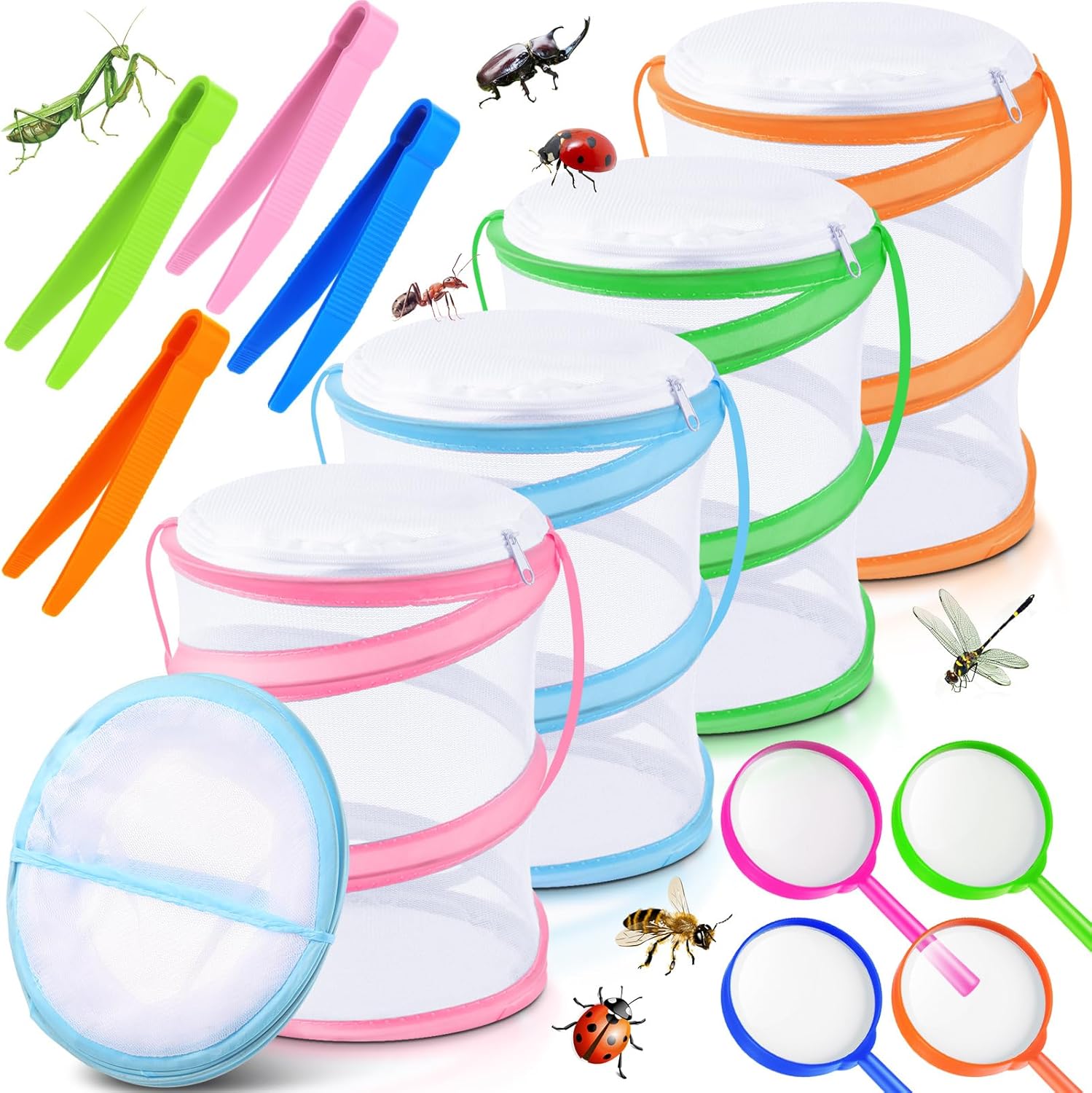 4 Sets Mini Butterfly Cage for Kids with Magnifier and Tweezer Butterfly Catching Kit Outdoor Explorer Kit Butterfly Habitat Net Insect Mesh Cages Butterfly Enclosure Bug Terrarium Pop up