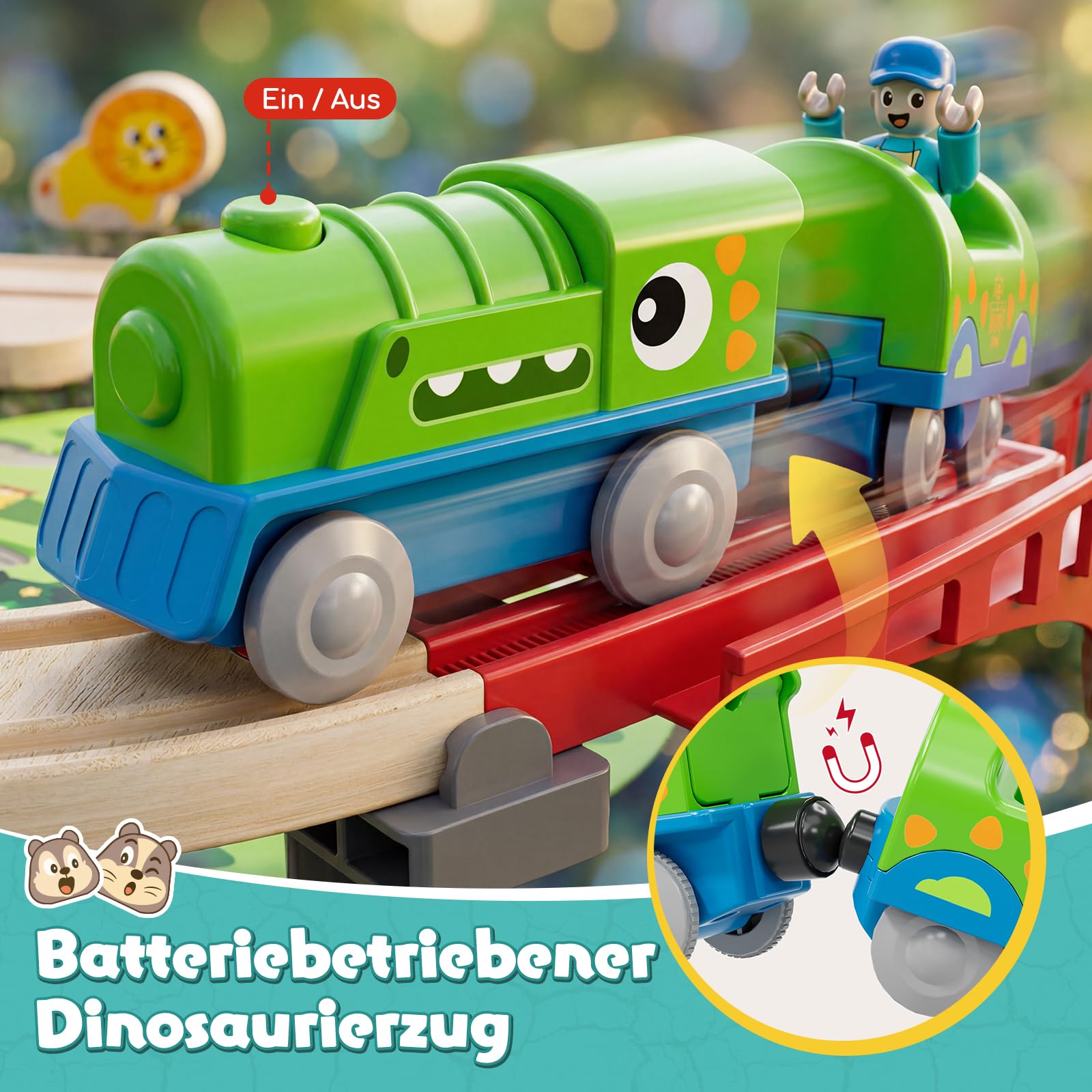 Lehoo Castle Holzeisenbahn, Dinosaurier Lokomotive, Freizeitpark Holz Eisenbahn Kinder mit Löwentunnel, Holzeisenbahn Zubehör, Holzspielzeug für Kinder ab 3 Jahren