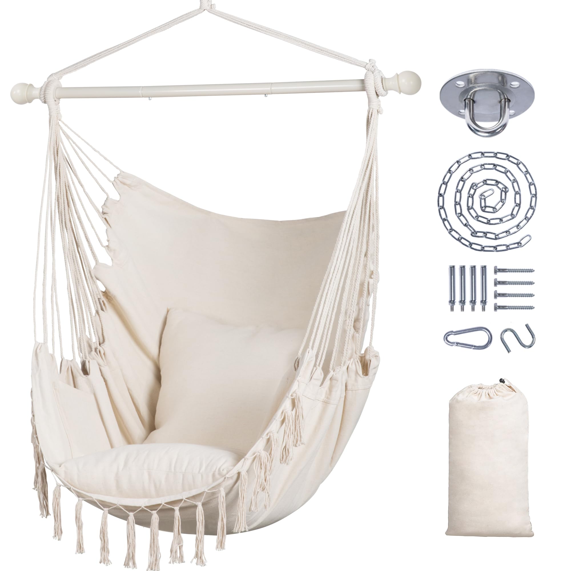SUNCREAT Hammock Chair Hanging Rope Swing Seat-Max 450lbs Capacity, Extra Large Macrame Hanging Swing with Side Pocket, Two Seat Cushion, Beige
