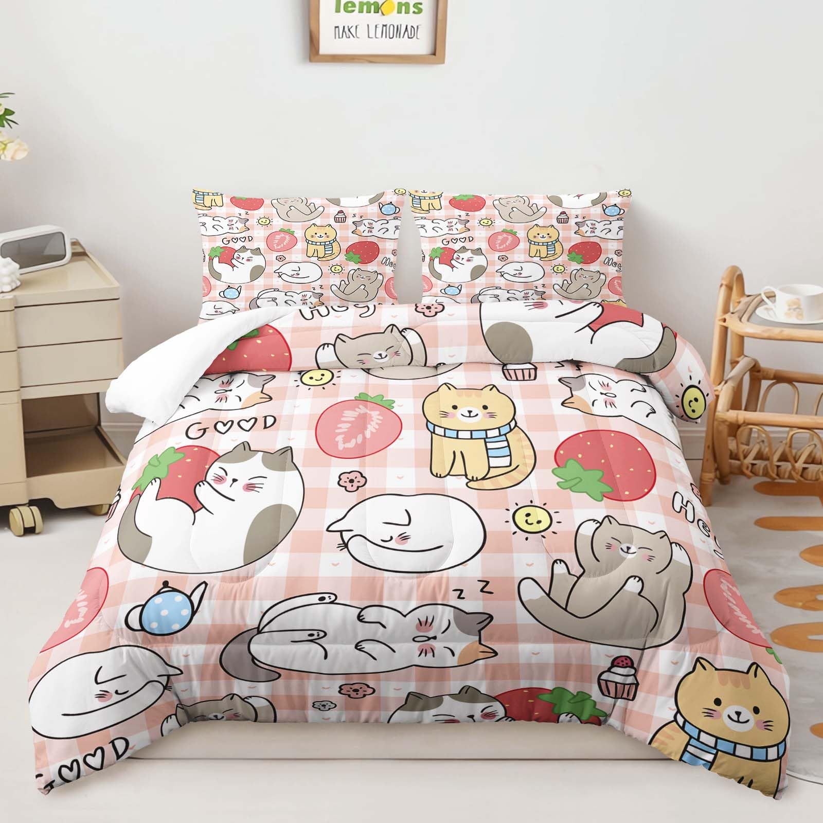 QOOMO Kawaii Cat Comforter Set – Full Size, 3-Piece With 2 Pillowcases