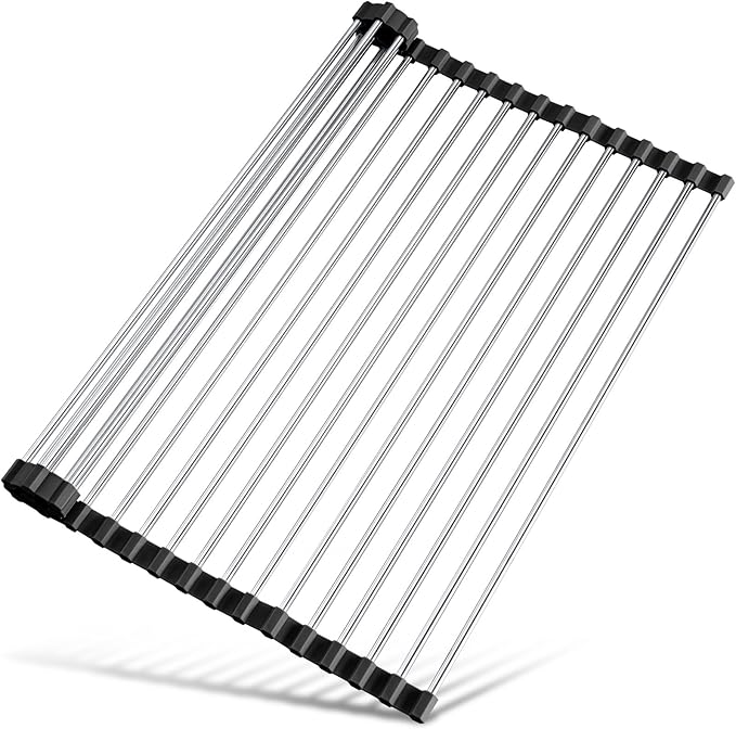 Tomorotec 17.7" x 15.5" Roll Up Dish Drying Rack Over Sink Drying Rack Sink Cover Kitchen Sink Accessories Gadget Multipurpose Organizer Foldable Stainless Steel Drainer