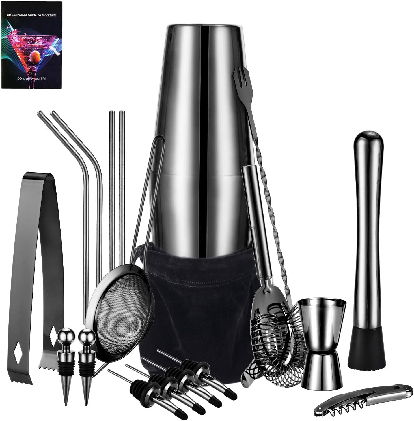 HBlife 18 Piece Cocktail Shaker Set - Stainless Steel Bartender Kit Bar Set with 25oz/18oz Boston Shaker, Muddler, Double Jigger, Mixing Spoon & More, Perfect for Home Bars and Parties, Black