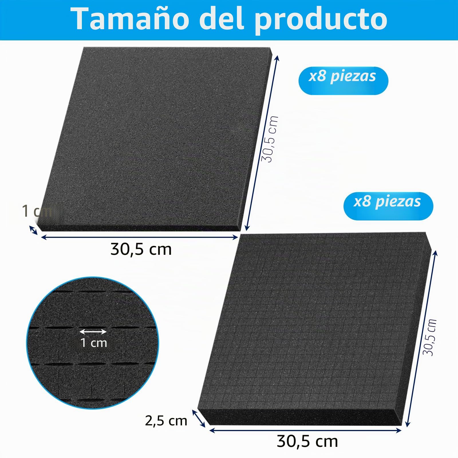 Espuma de cubo, 8 unidades de 300 x 300 x 25 mm/8 unidades de 300 x 300 x 10 mm, espuma cuadriculada de color negro, herramienta de inserción de espuma