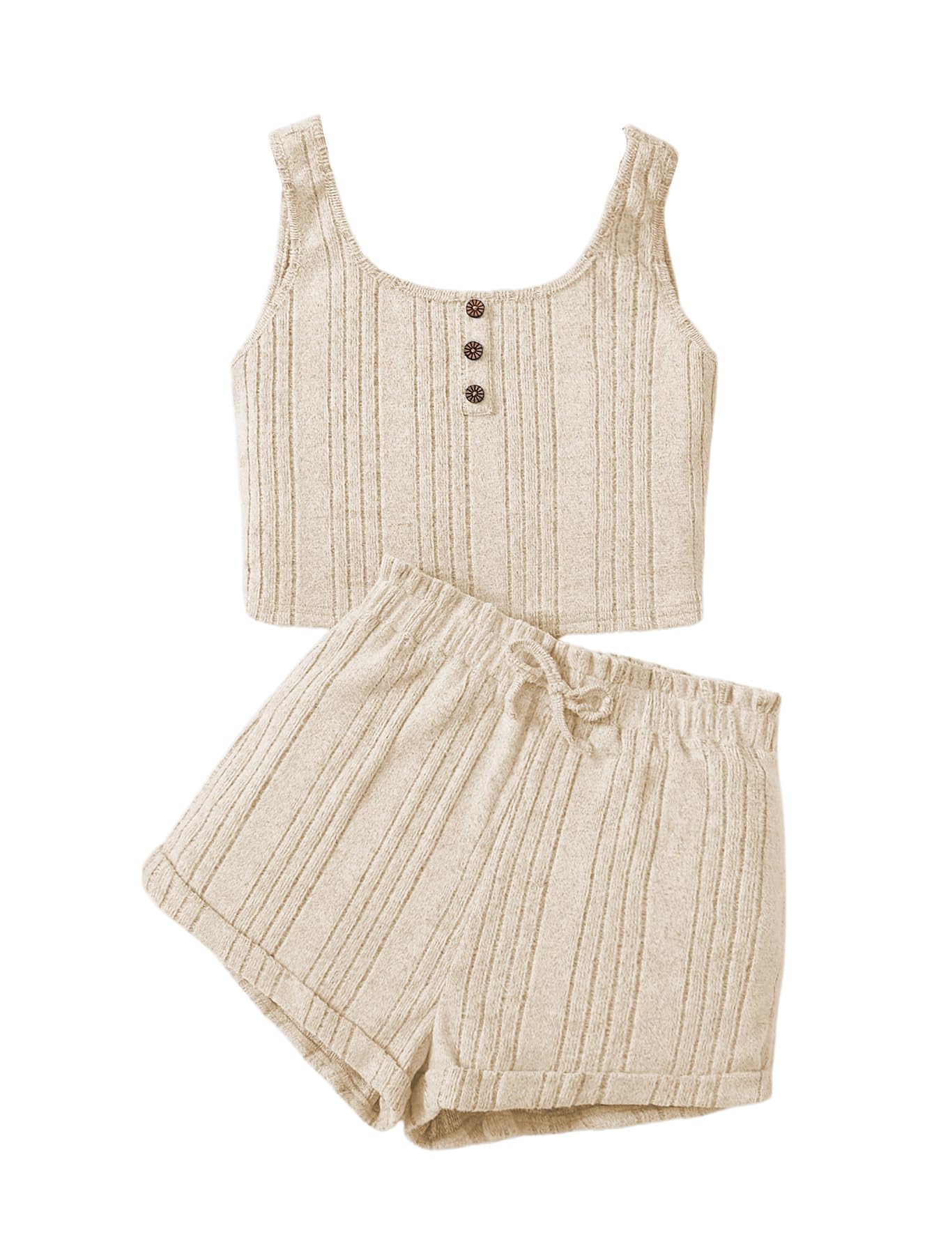 Girl's 2 Piece Rib Knit Scoop Neck Button Down Crop Tank Tops Drawstring Waist Shorts Set