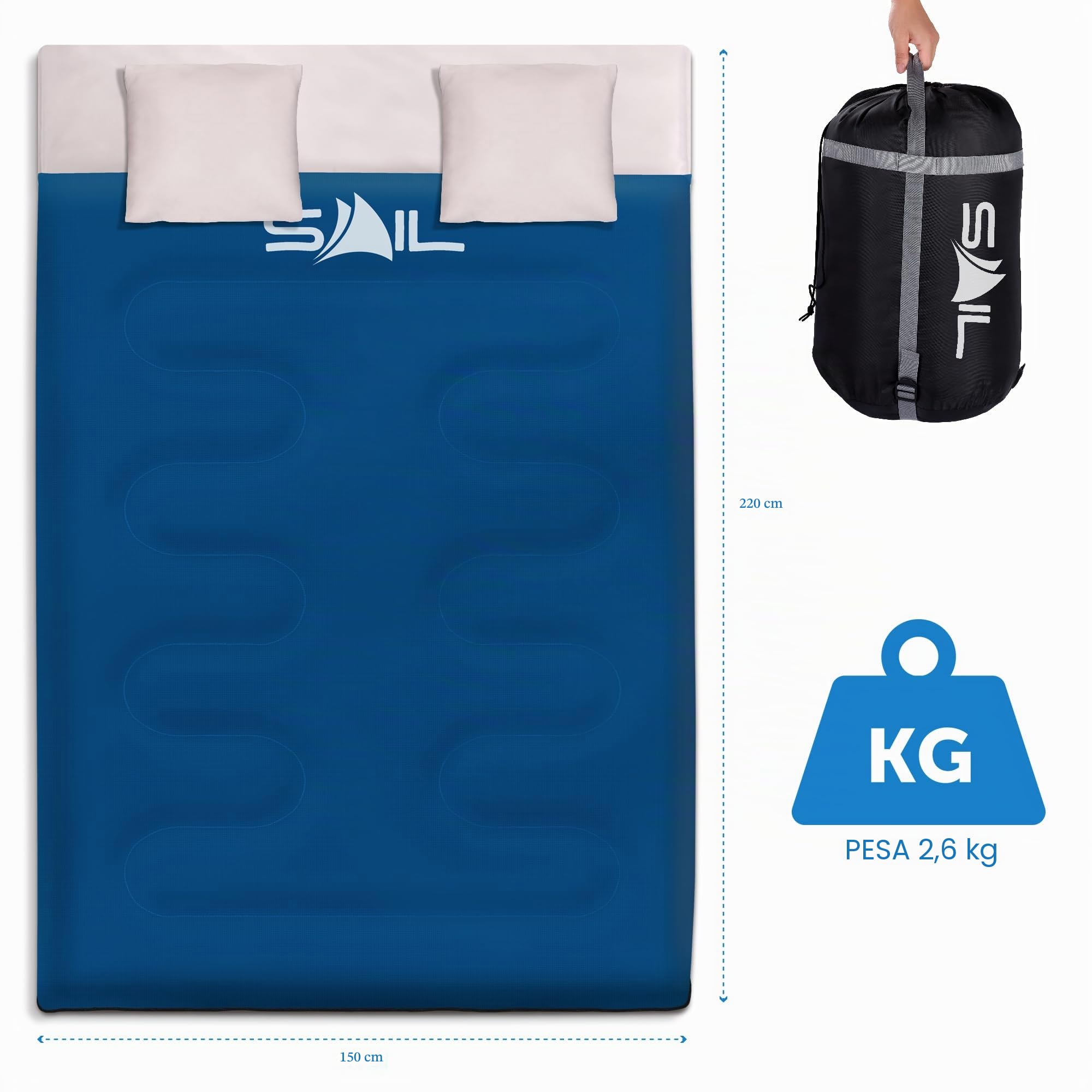 SAIL Sacco a pelo doppio con 2 cuscini, extra large, 3-4 stagioni, leggero, impermeabile, per uso interno ed esterno, per adulti, per escursioni, zaino in spalla e campeggio