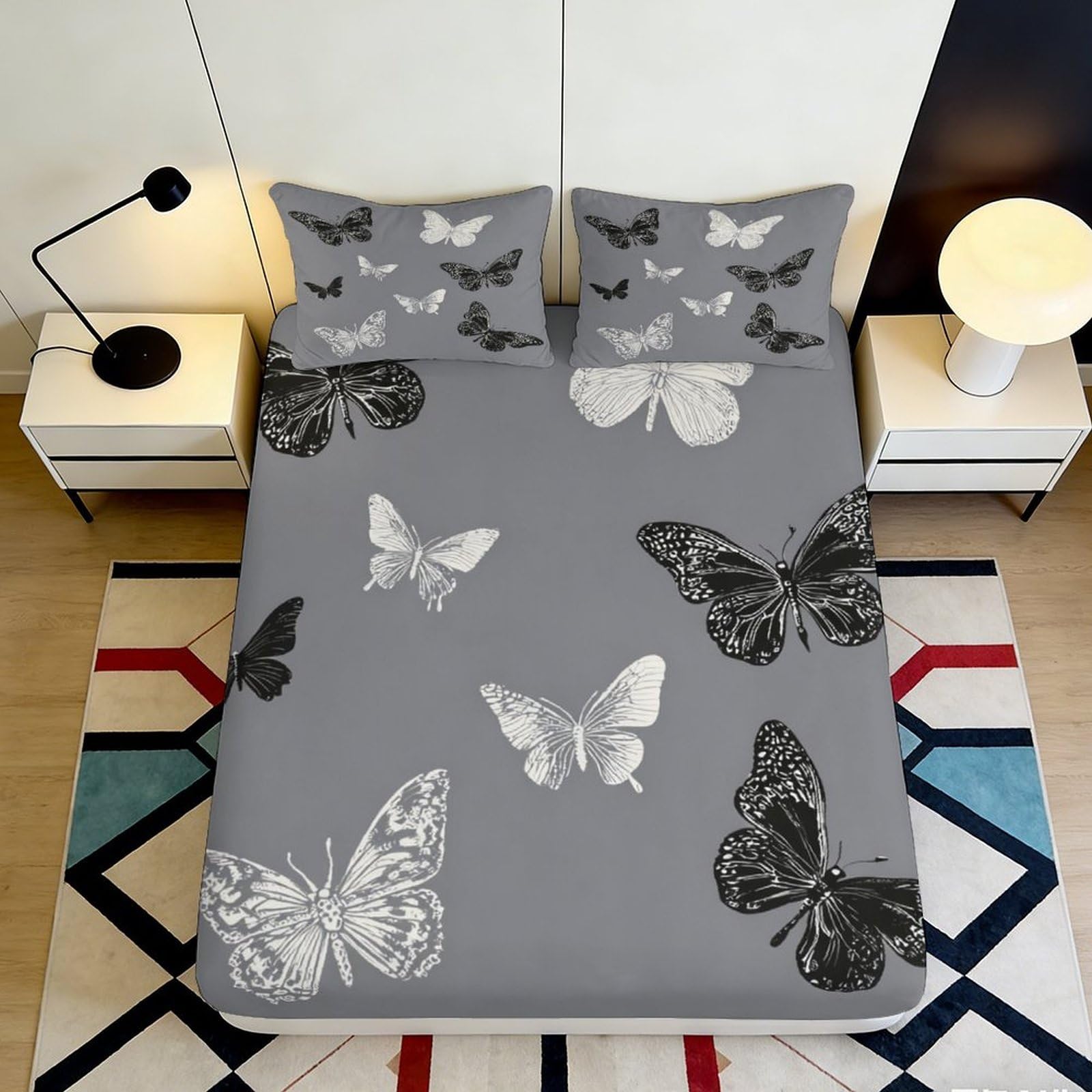 3D Printed Butterfly Microfiber Fitted Sheet Deep Pocket Bedding Mattress Fitted Cover Non-Slip Wrap for Bedroom Adults Teens 200x200x25cm