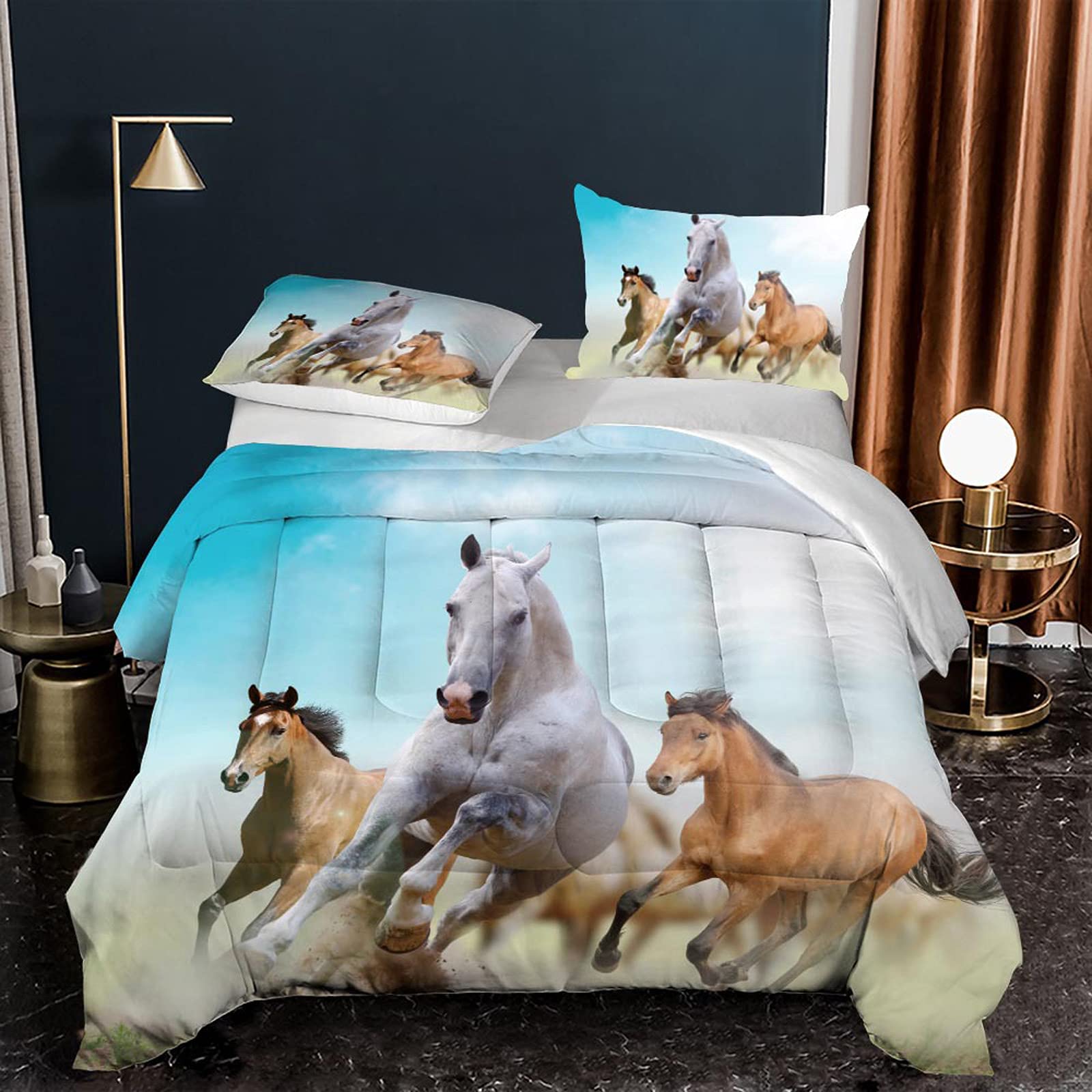Galloping Horse Bedding Comforter Sets Twin Size 3D Wild Animal Bedroom Quilt Set, 1 Comforter + 1 Pillow Sham