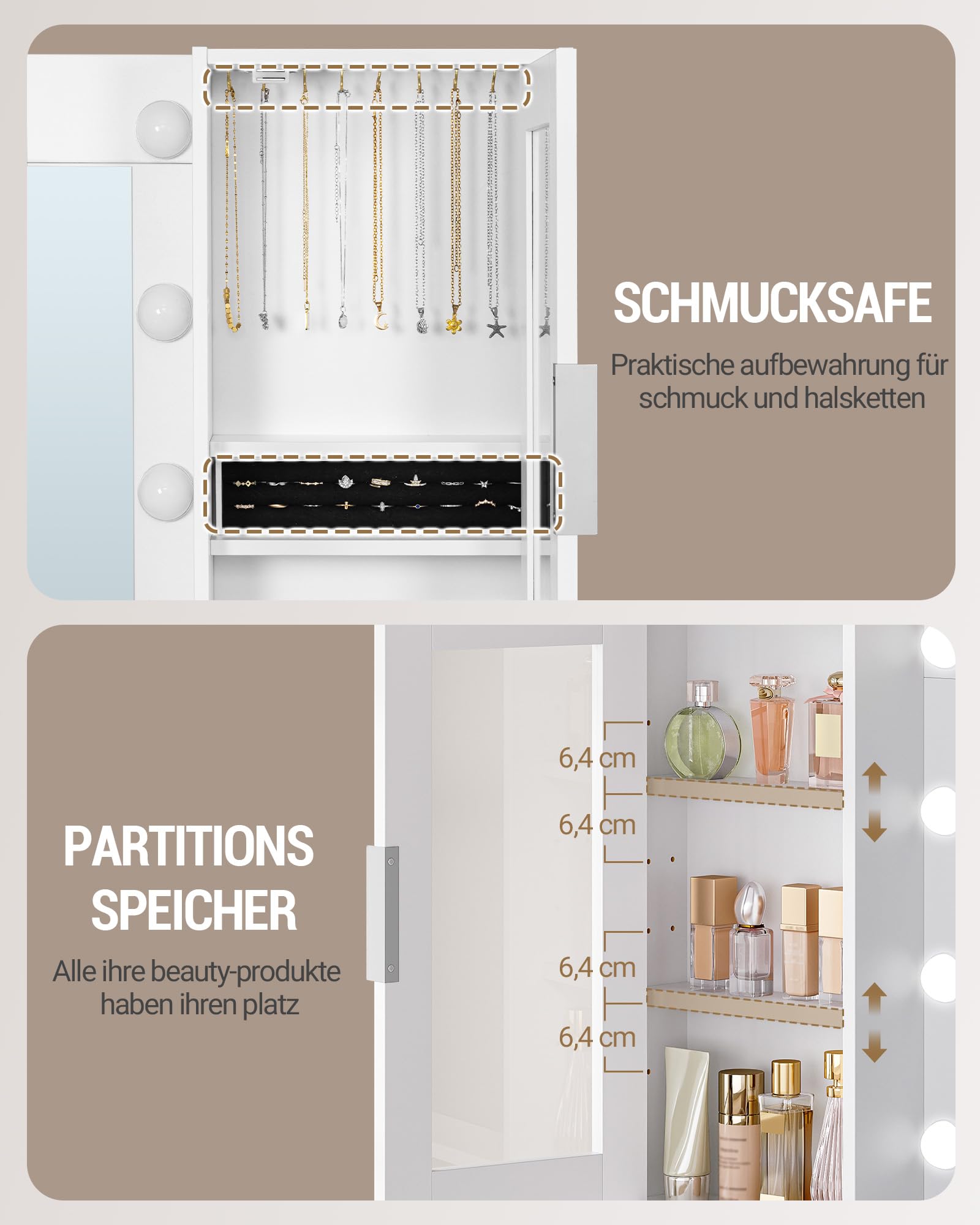 Hzuaneri 150 cm Große Schminktisch mit LED-Beleuchtung und Steckdosenleiste, Schminktisch mit Spiegel, Dreifarbiger Lichteinstellung, 10 Schubladen, Schmuckaufbewahrung, Weiß-Silber DT43703XEU