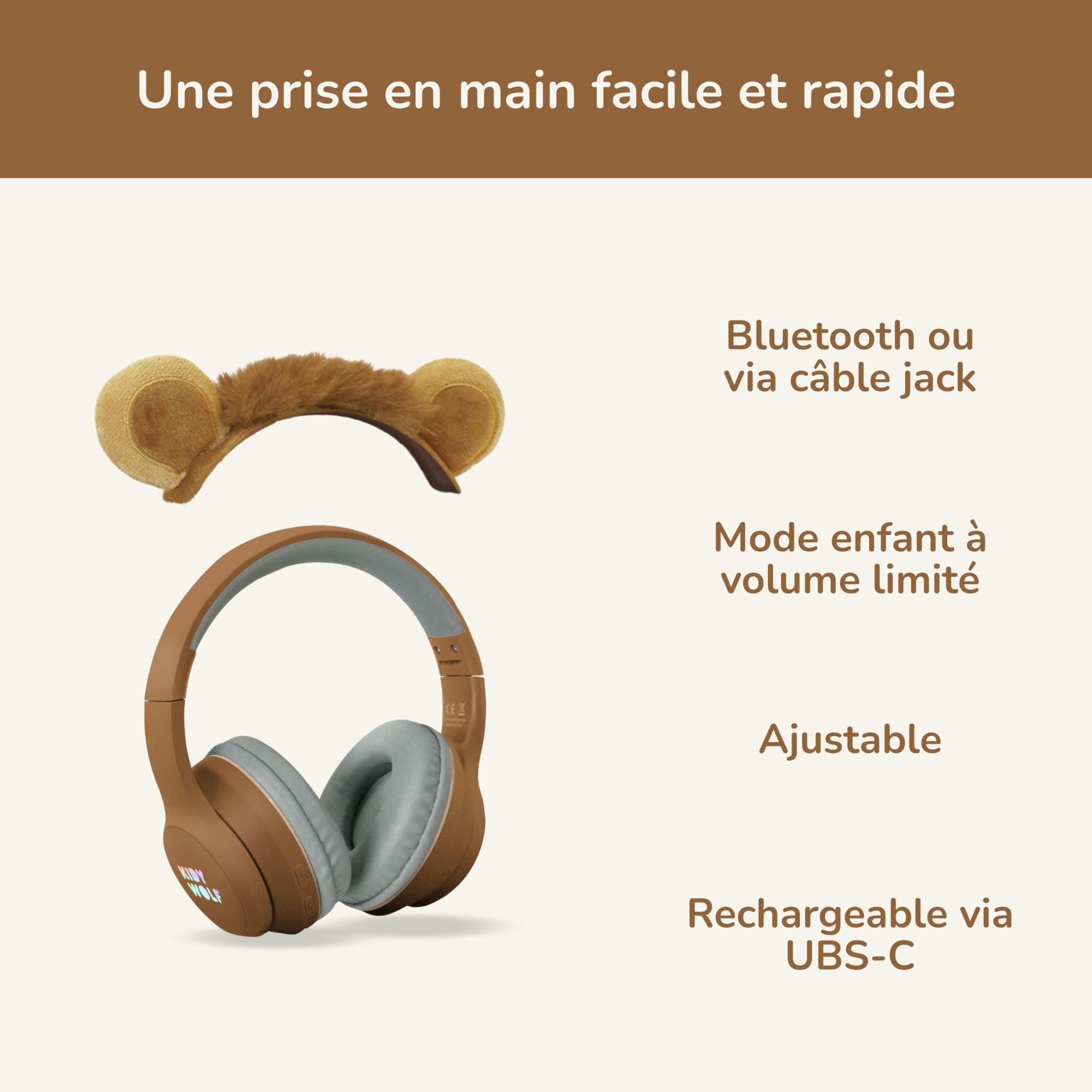 KIDYWOLF - KIDYEARS Lion - Casque Audio Enfant Bluetooth & Filaire - Volume Limité 85dB pour Protéger l'Audition