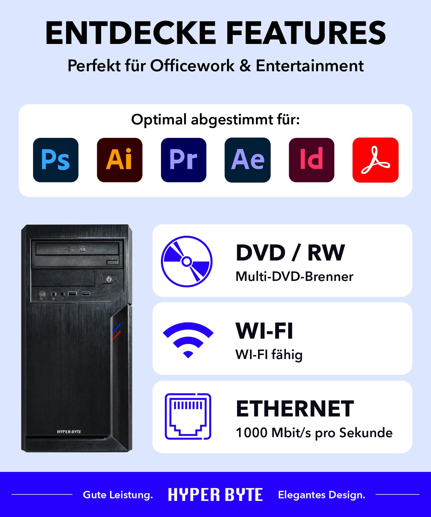 HYPER BYTE® Office PC – Computer mit AMD Athlon Pro mit 3,4 GHz | 16 GB RAM DDR4 | 512 GB SSD Festplatte | Win 11 Pro | WLAN | DVD+RW | USB 3.0 | High End Office Tower-Pc