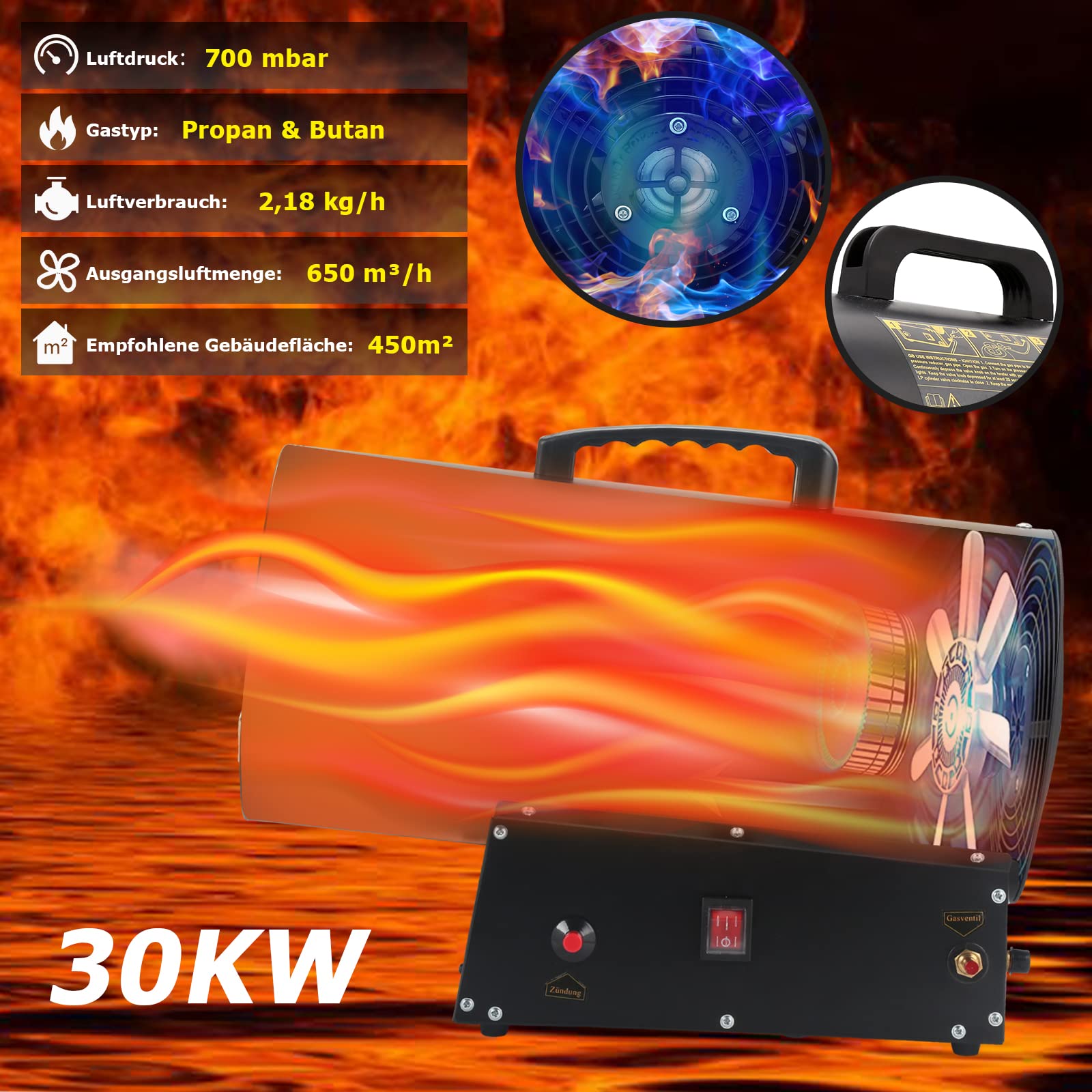 Ikodm Chauffage à gaz pour intérieur 30 kW 220 V Chauffage à gaz soufflant au gaz propane 650 m³/h Débit d'air avec tuyau de gaz de 1,2 m et soupape de réduction de pression 700 mbar