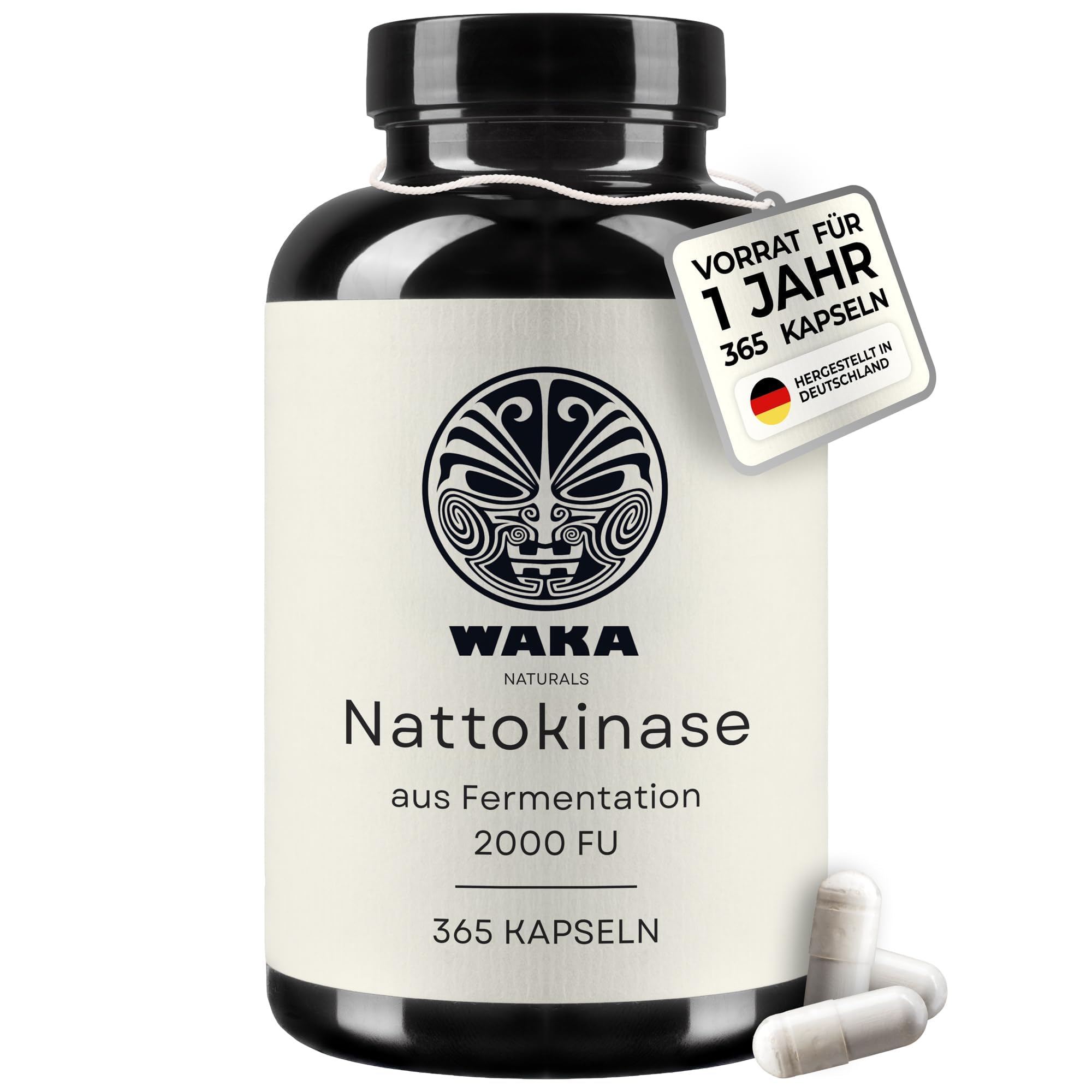 WAKA Naturals® Nattokinase 2000 FU | 365 Kapseln | Jahresvorrat | Hochdosiert 100mg (20.000 FU/g) pro Kapsel | Vegane Kapseln aus Soja-Fermentation