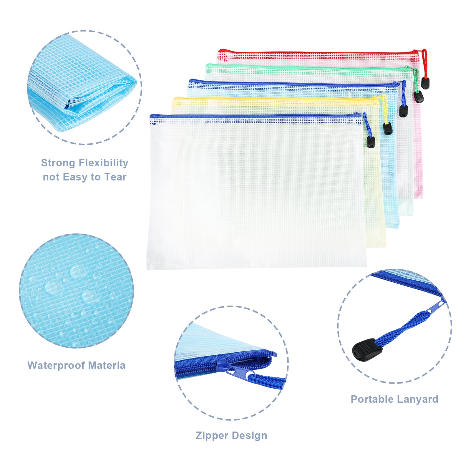 Pochette Document A4+A5+A6, 15 Pièces (5 de Chaque Taille), Document Dossier Pochette, Pochette Plastique Zippée pour Documents, Papier, Cosmétiques, pour l'École, le Bureau et les Devoirs