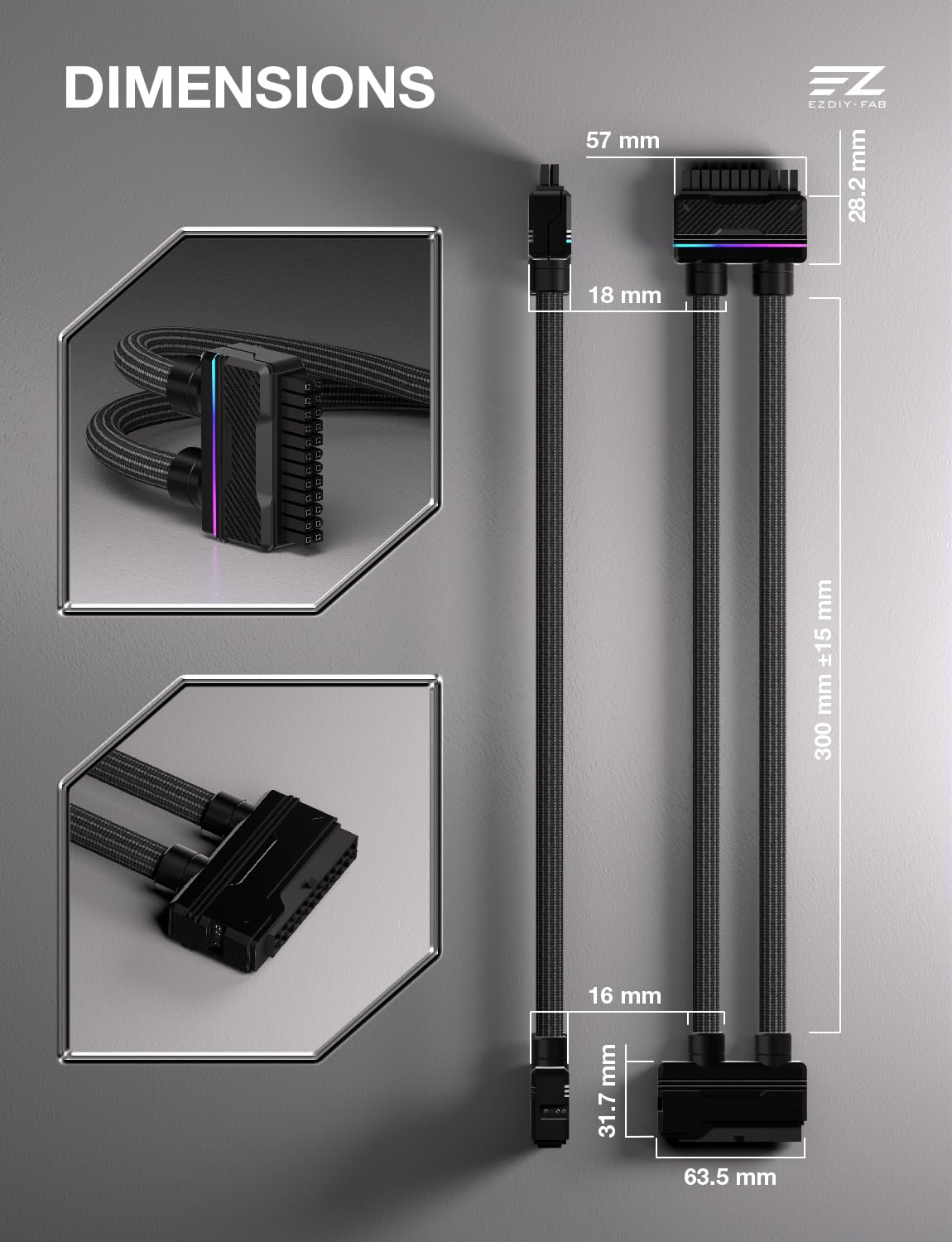EZDIY-FAB UNIFAS ARGB 24-poliges PC-Netzteil-Verlängerungskabel, 16AWG ATX 24-polige Stromverlängerung, Einheitliches Doppelrohr-Design für Sauberes PC-Kabelmanagement, Schwarz