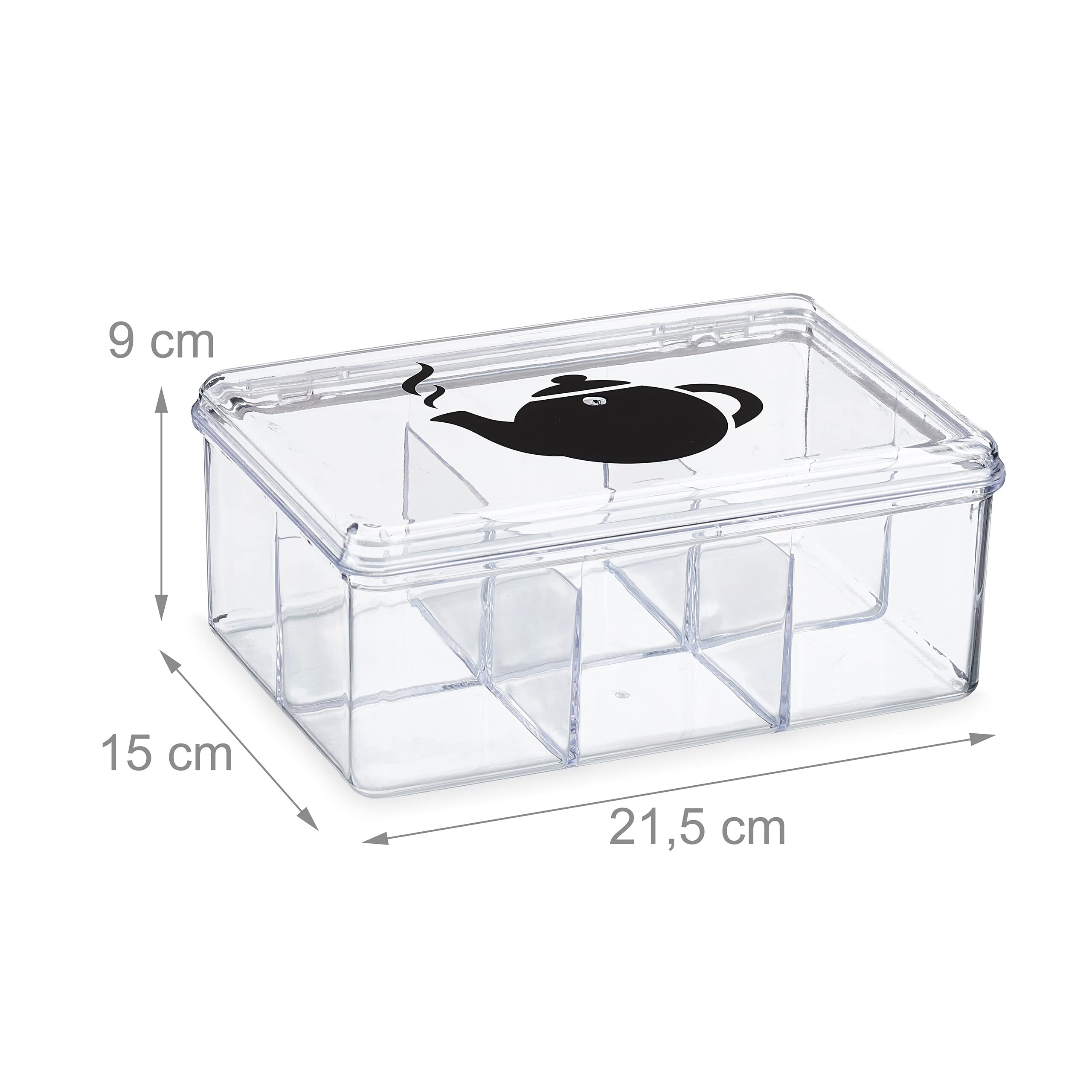 Relaxdays Box Portatè Con Coperchio, 6 Scomparti, Trasparente, 9x21,5x15 Cm, In Plastica, Contiene Fino A 60 Bustine, Scritta TEA