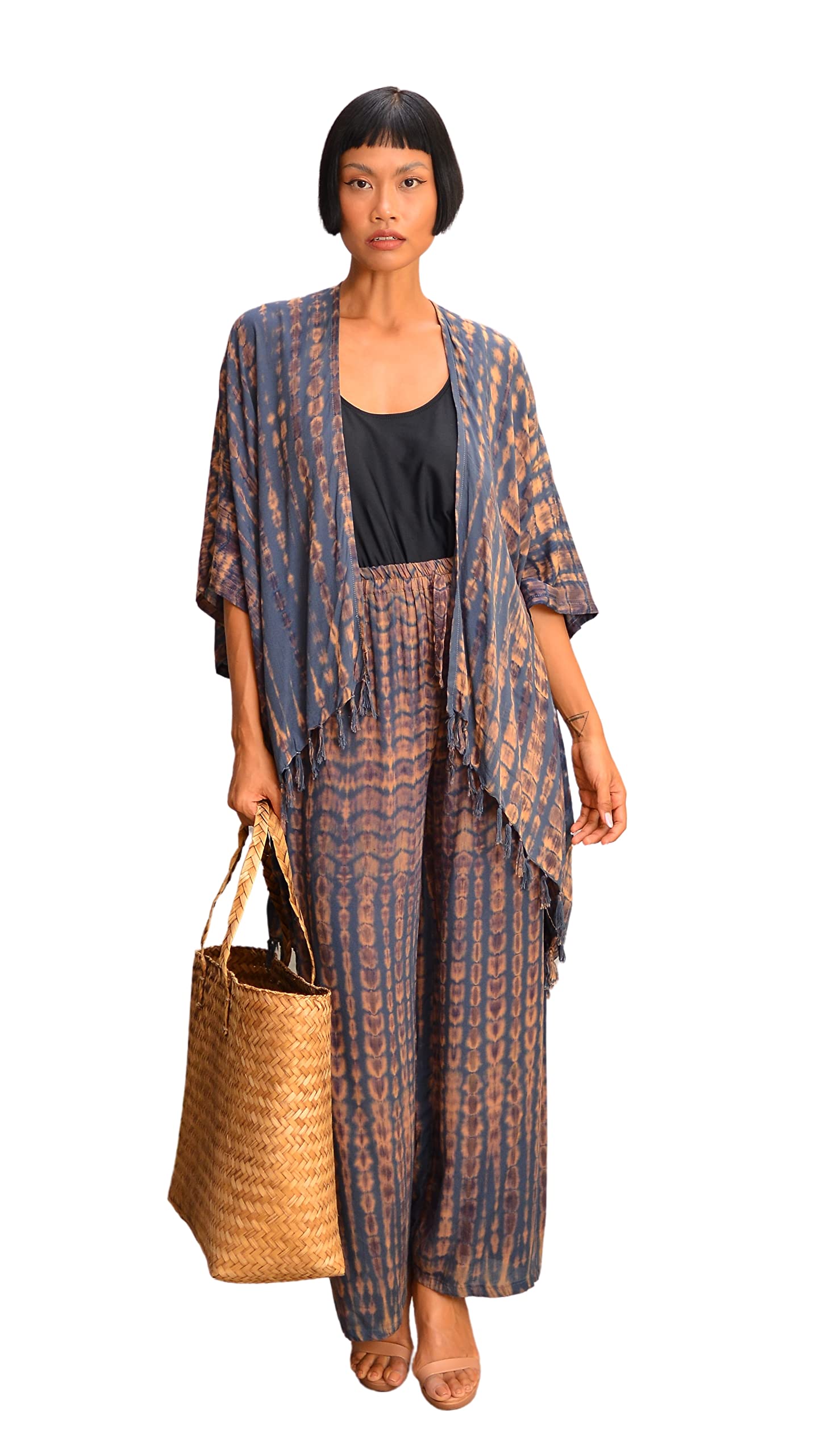 DIMATTINA Womens Boho Tie Dye Maxi Dress pants Set top cardigan Two Pieces Wide Leg Loose Fit