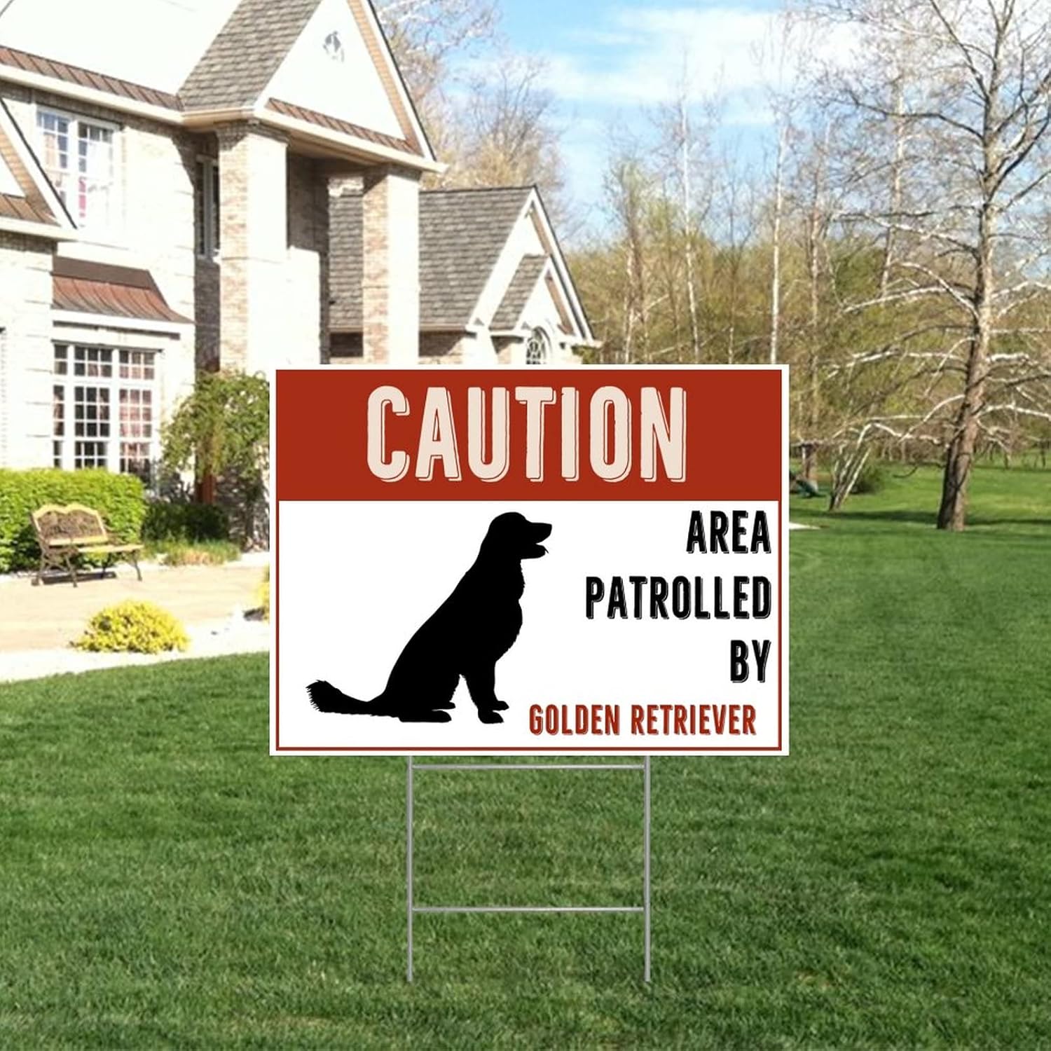 Farmhouse Decorative Yard Sign 18x24 Caution Area Patrolled by Golden Retriever Dog Waterproof Corrugated Plastic Warning Yard Sign with H-Stakes Decor for Lawn Garden Yard Home Outdoor