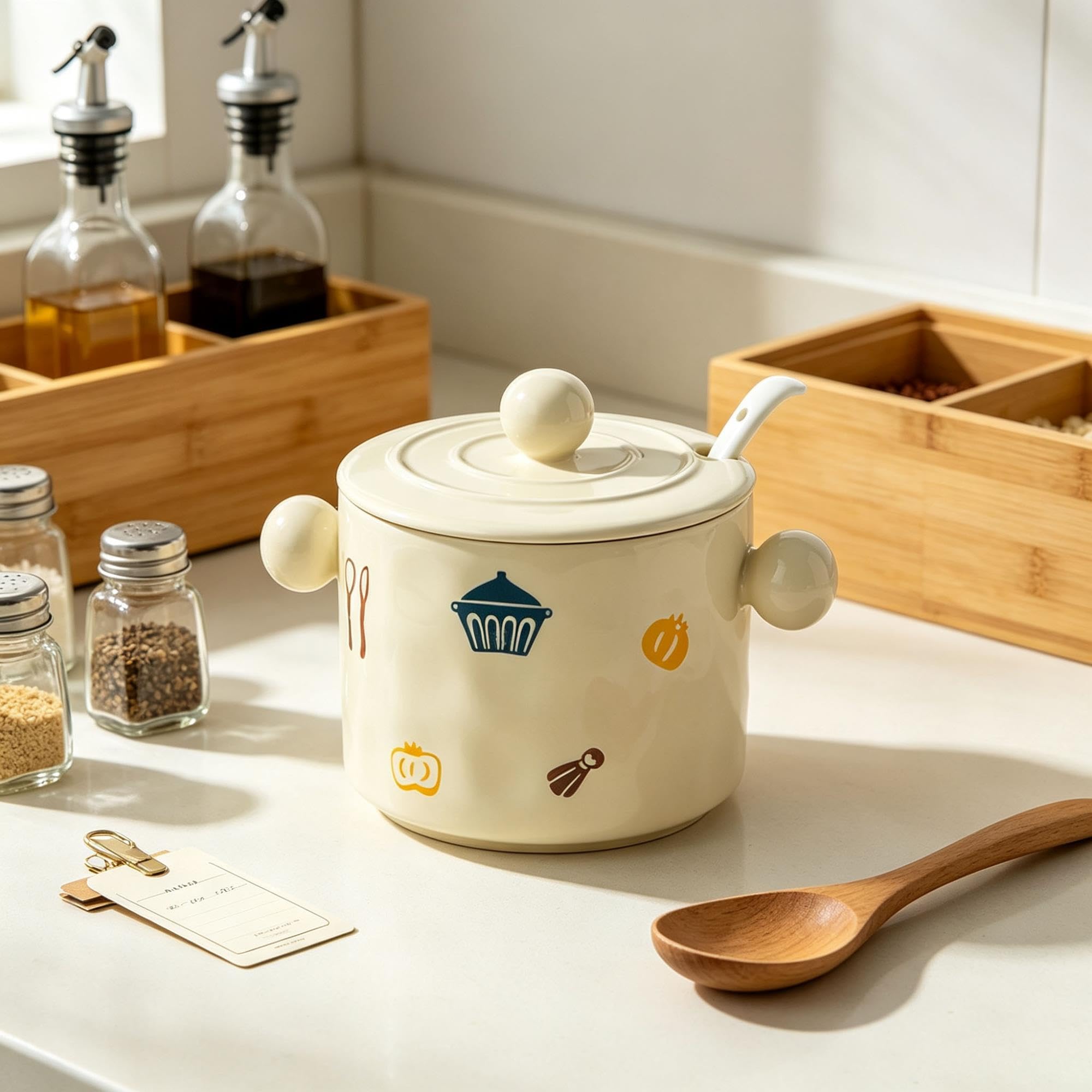 Pot de saindoux en céramique, avec couvercles et cuillères