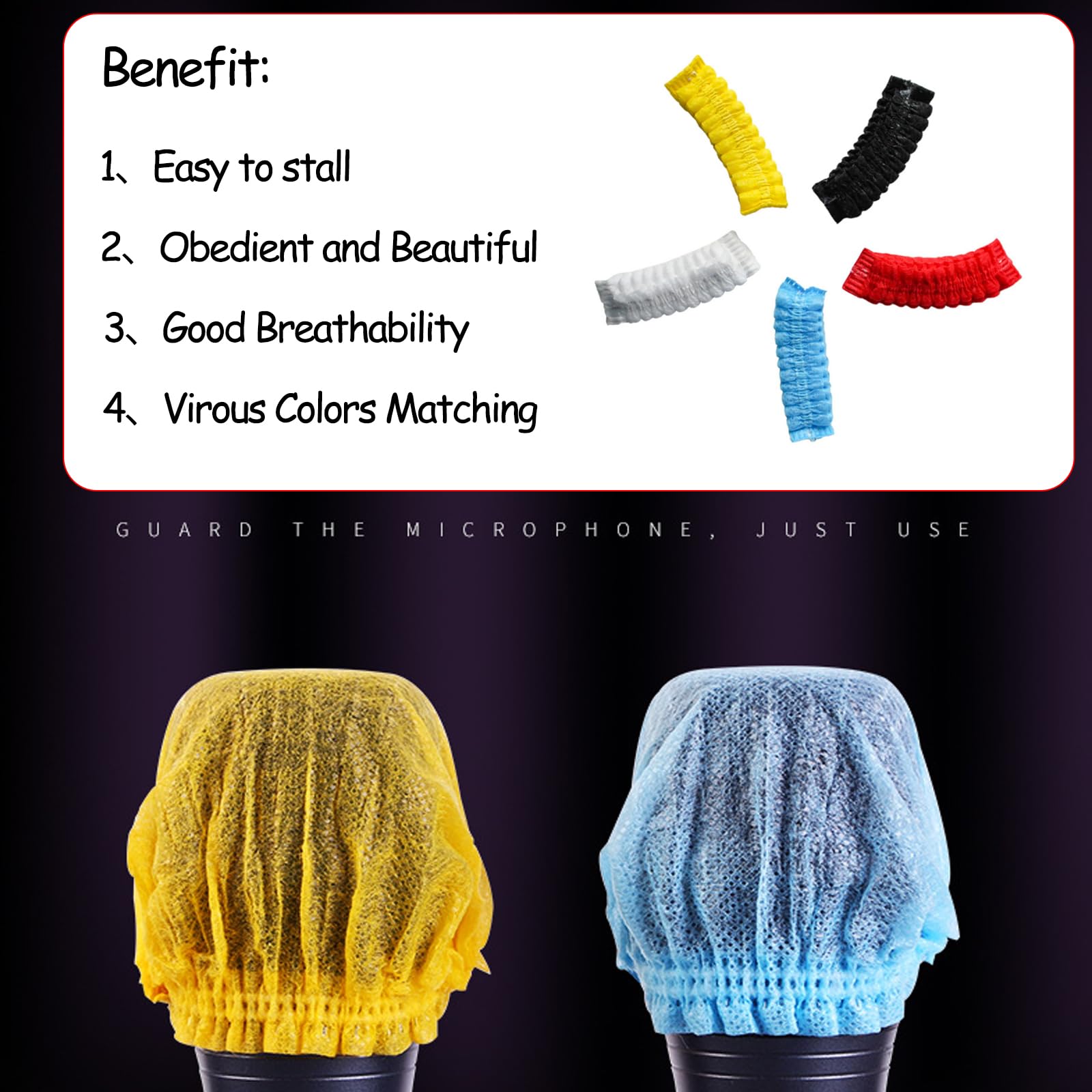 50 pièces couvertures de micro hygiéniques jetables non tissées antibactériennes pour la plupart des microphones portables, pour karaoké, concerts,(5 couleurs,10 de chaque couleur)